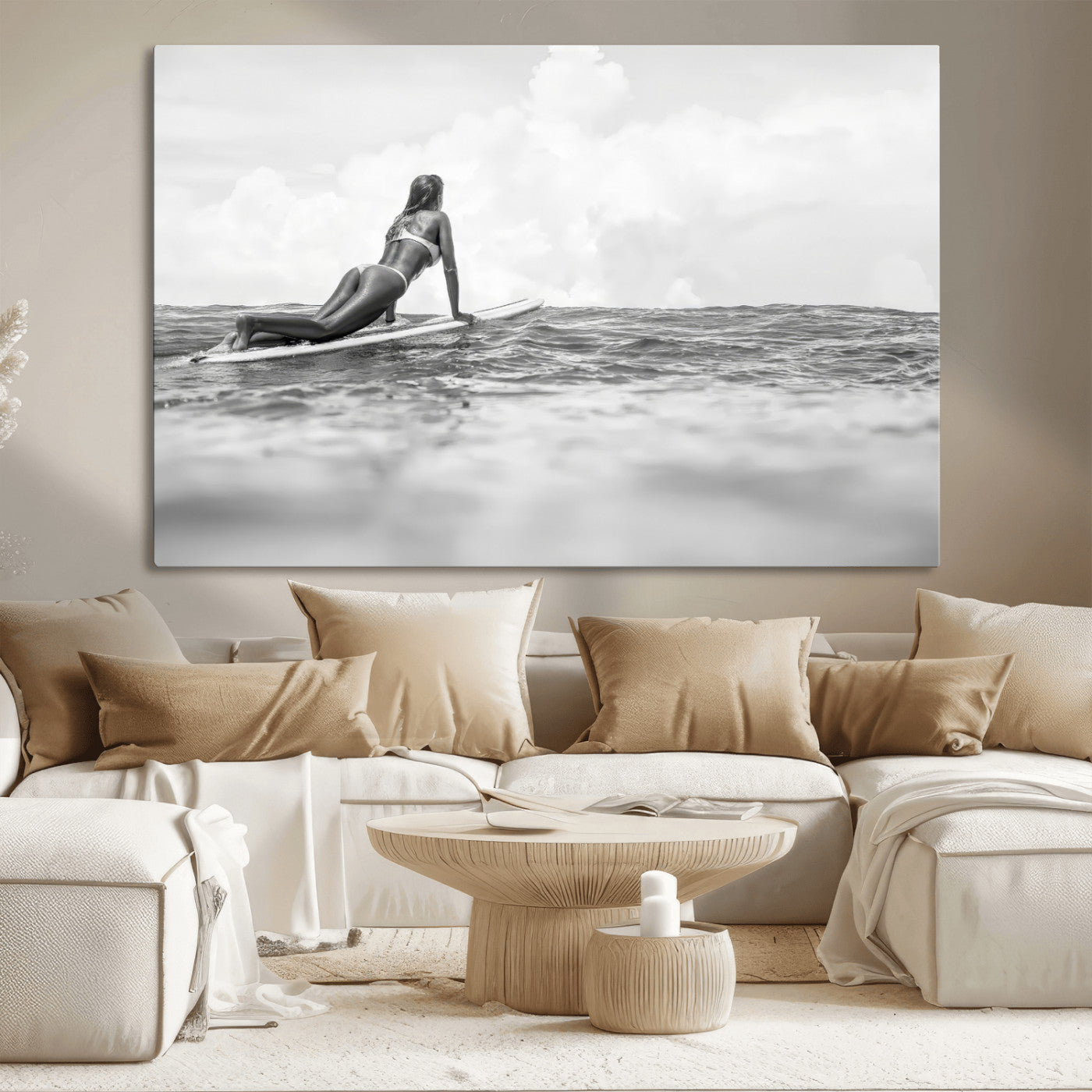 69798068-MGV-CV-36X24-Black White Surfing Wall Art Canvas Print, Framed Ocean Horizon Art Picture Print, Surfer Girl Perfect Coastal Adventure Decor