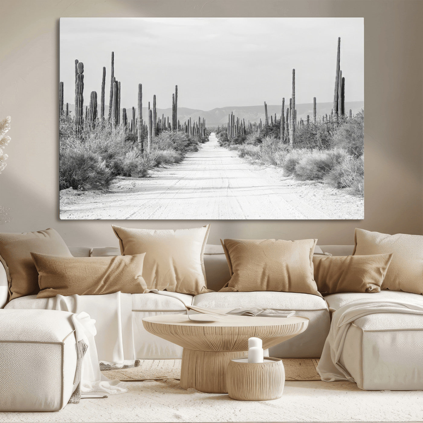 35537313-MGV-CV-36X24-Monochrome Desert Wall Art Canvas Print, Framed Cactus Path Art Picture Print, Southwestern Landscape Perfect Southwestern