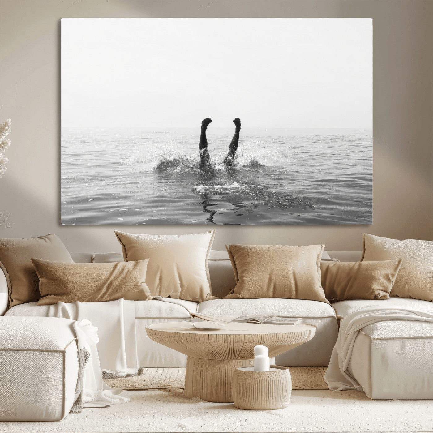 26667396-MGV-CV-36X24-Black White Ocean Wall Art Canvas Print, Framed Monochrome Water Art Picture Print, Diving into Water Perfect Minimalist Aquatic