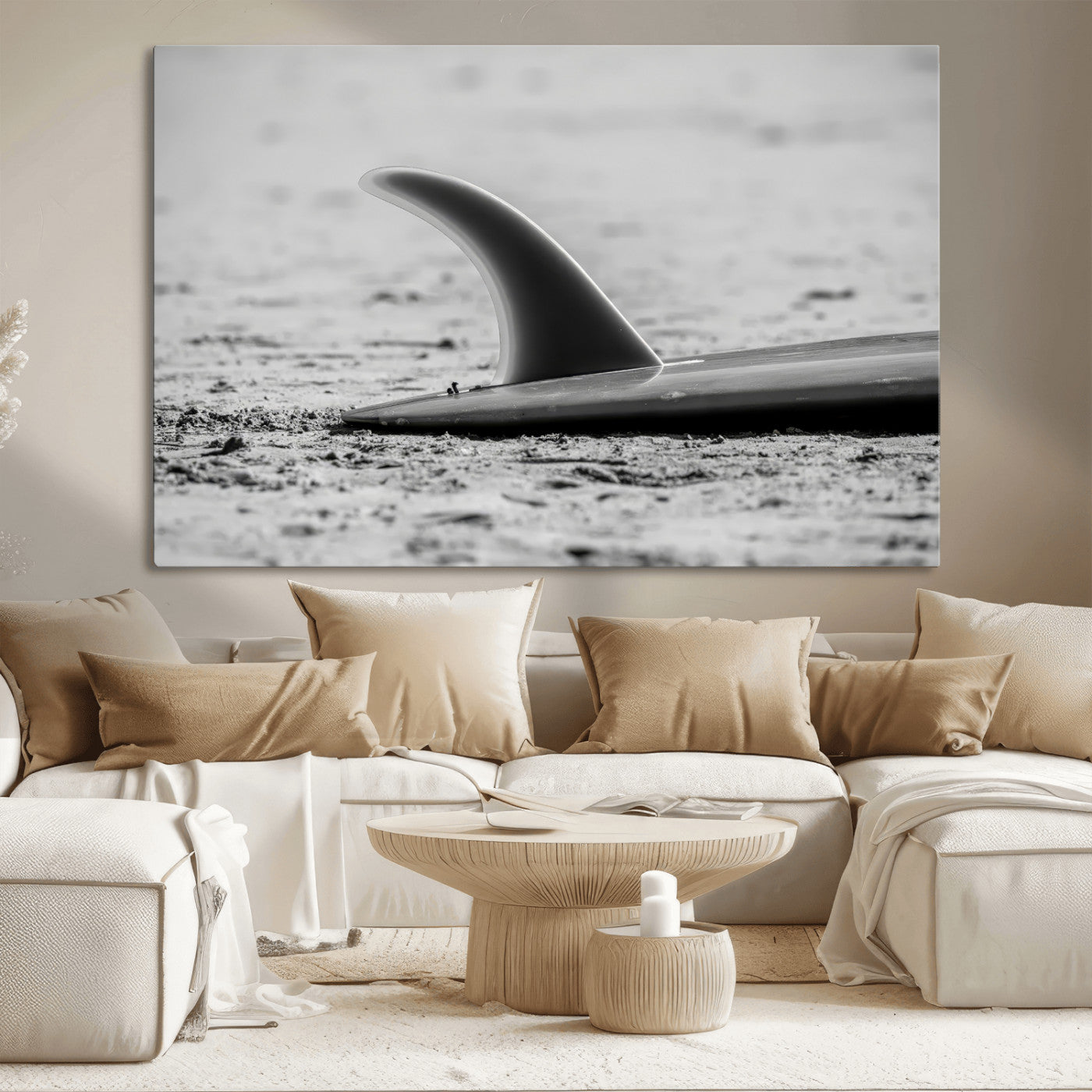 62314230-MGV-CV-36X24-Black White Surfboard Wall Art Canvas Print, Framed Minimalist Beach Art Picture Print, Surf Fin Perfect Minimalist Coastal Decor