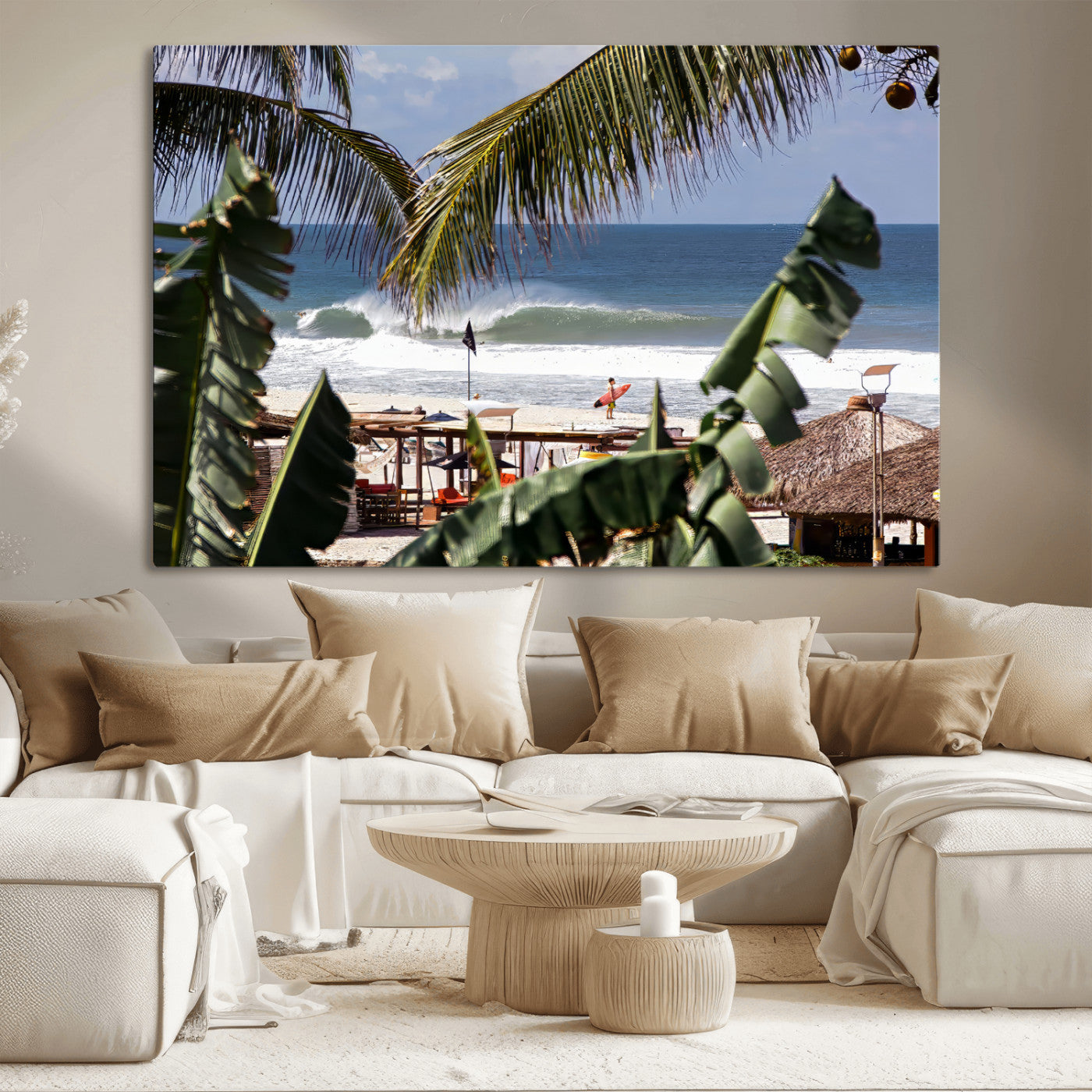 34722557-MGV-CV-36X24-Tropical Shoreline Wall Art Canvas Print, Framed Surfer Beach Art Picture Print, Coastal Surf Perfect Tropical Coastal Decor