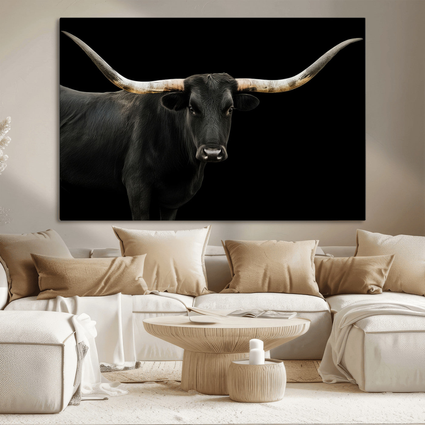 99448328-MGV-CV-36X24-Longhorn Cattle Wall Art Canvas Print, Framed Texas Ranch Art Picture Print, Western Cow Perfect Farmhouse Decor Artwork