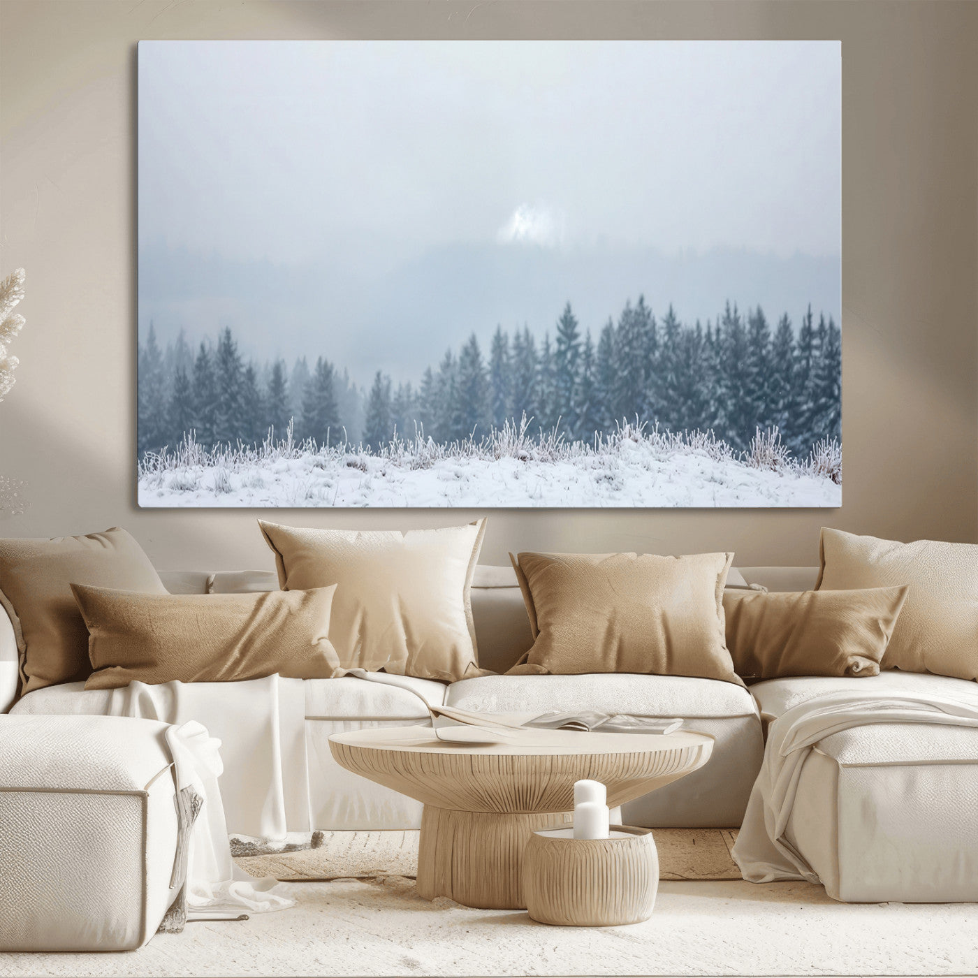 33033082-MGV-CV-36X24-Winter Forest Art Wall Art Canvas Print, Framed Snowy Landscape Art Picture Print, Misty Tree Scene Perfect Nordic Minimalist