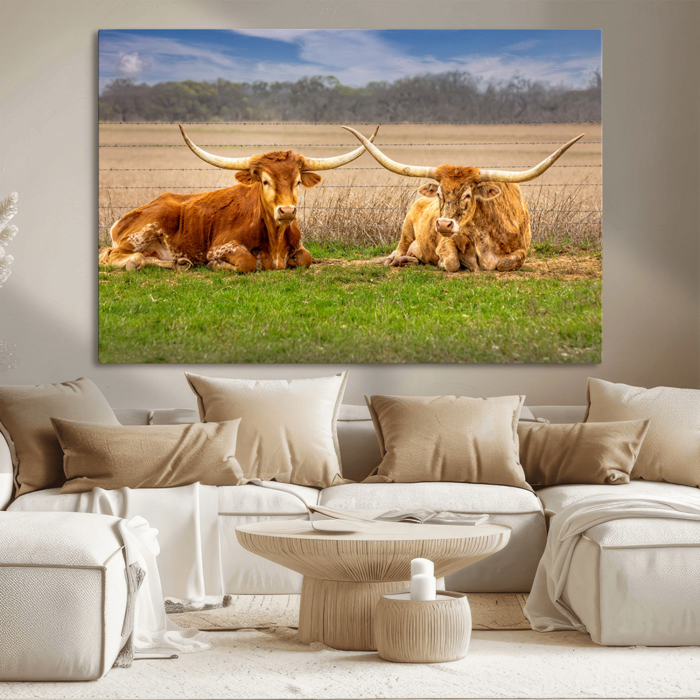 97244565-MGV-CV-36X24-Longhorn Duo Wall Art Canvas Print, Framed Cozy Ranch Vibes Art Picture Print, Western Ranch Decor Perfect Rustic Farmhouse Decor
