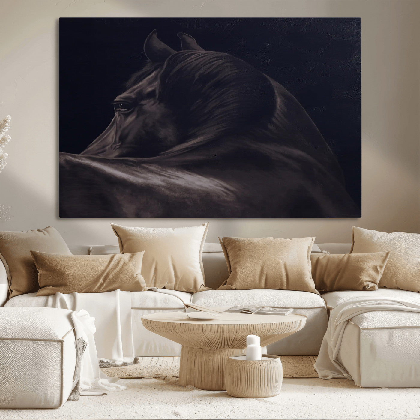 67026880-MGV-CV-36X24-Black Horse Portrait Wall Art Canvas Print, Framed Moody Horse Decor Art Picture Print, Equestrian Wall Style Perfect Masculine