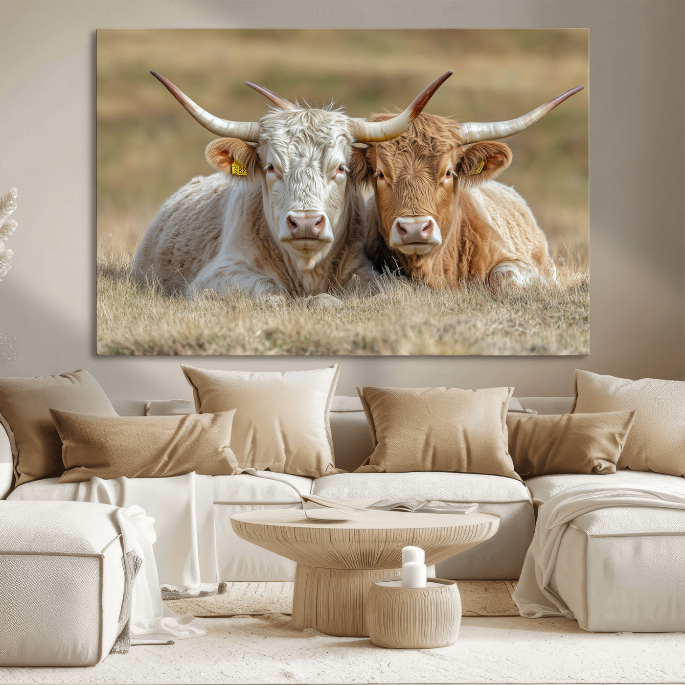 53388593-MGV-CV-36X24-Cow Photography Wall Art Canvas Print, Framed Rustic Animal Decor Art Picture Print, Texas Cow Pair Perfect Western Farmhouse