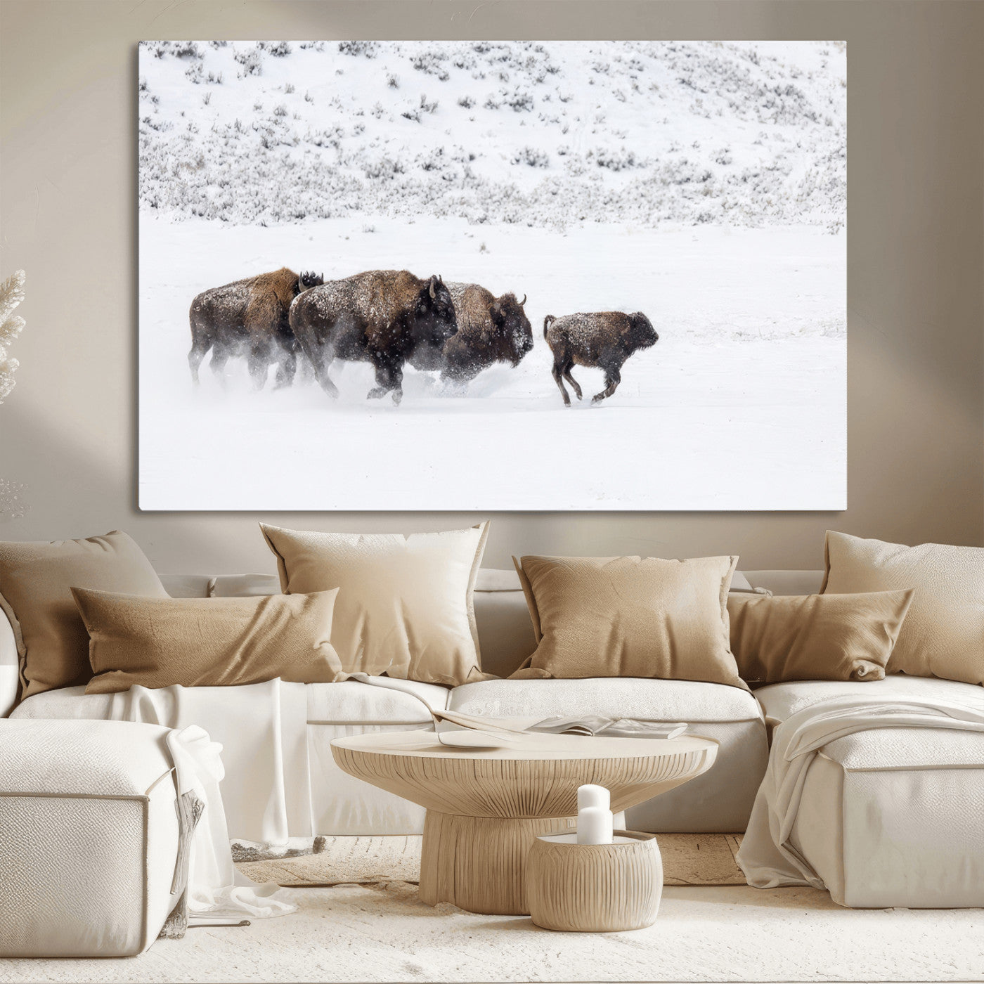 56216945-MGV-CV-36X24-Bison Herd Decor Wall Art Canvas Print, Framed Snowy Bison Scene Art Picture Print, Winter Wildlife Theme Perfect Rustic Western