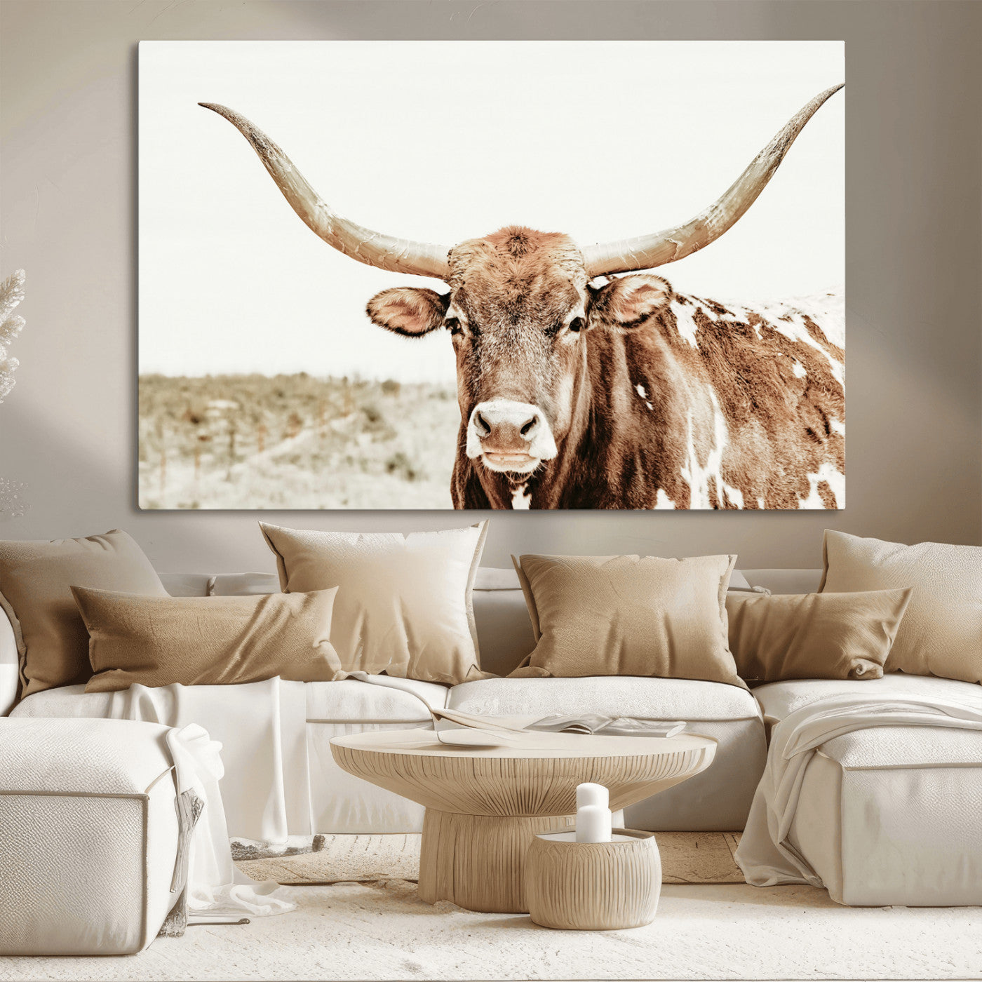 98924580-MGV-CV-36X24-Texas Longhorn Bull Wall Art Canvas Print, Framed Rustic Farmhouse Decor Art Picture Print, Western Animal Theme Perfect Rustic