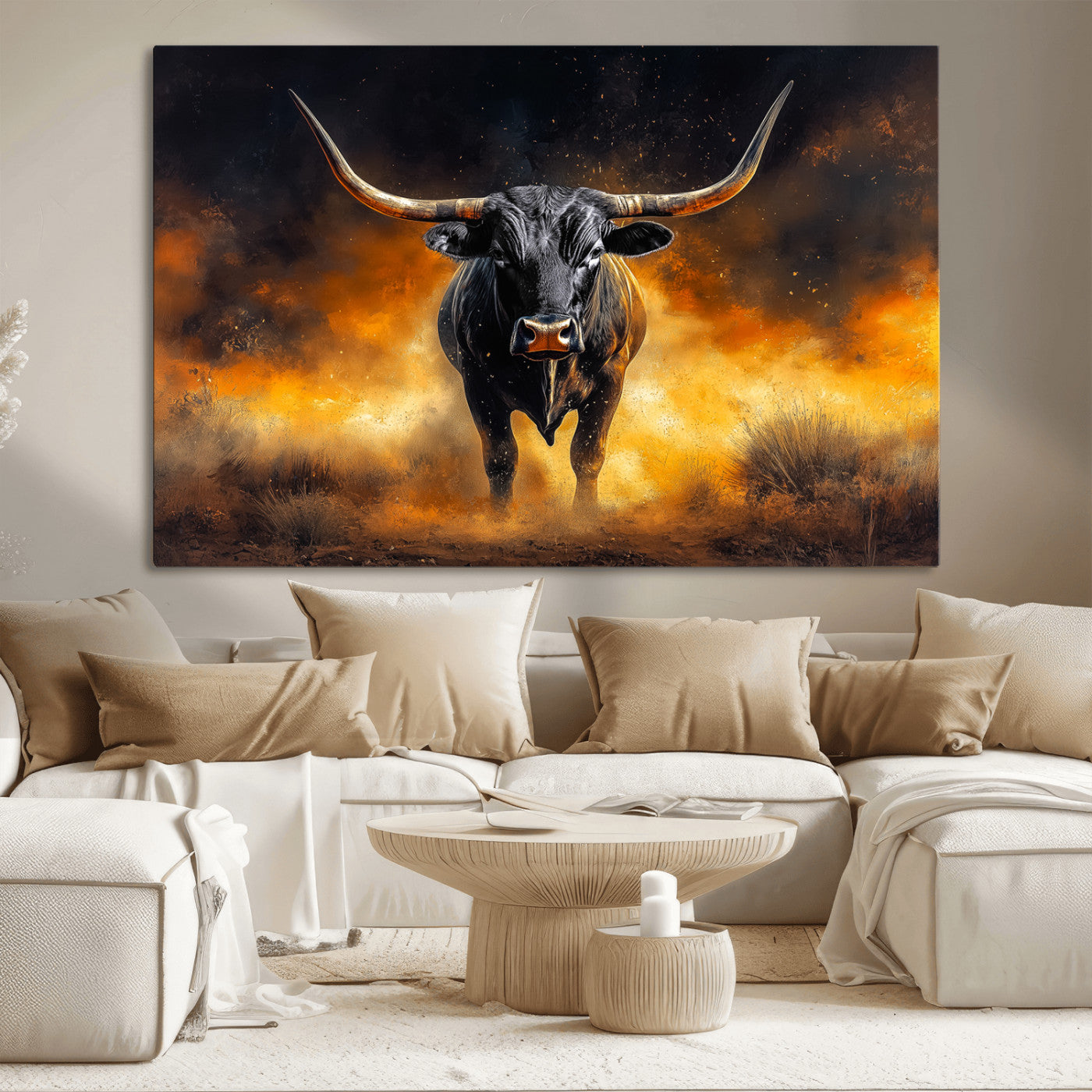 58293979-MGV-CV-36X24-Longhorn Canvas Wall Art Canvas Print, Framed Bold Bull Wall Art Art Picture Print, Western Animal Decor Perfect Western Dramatic