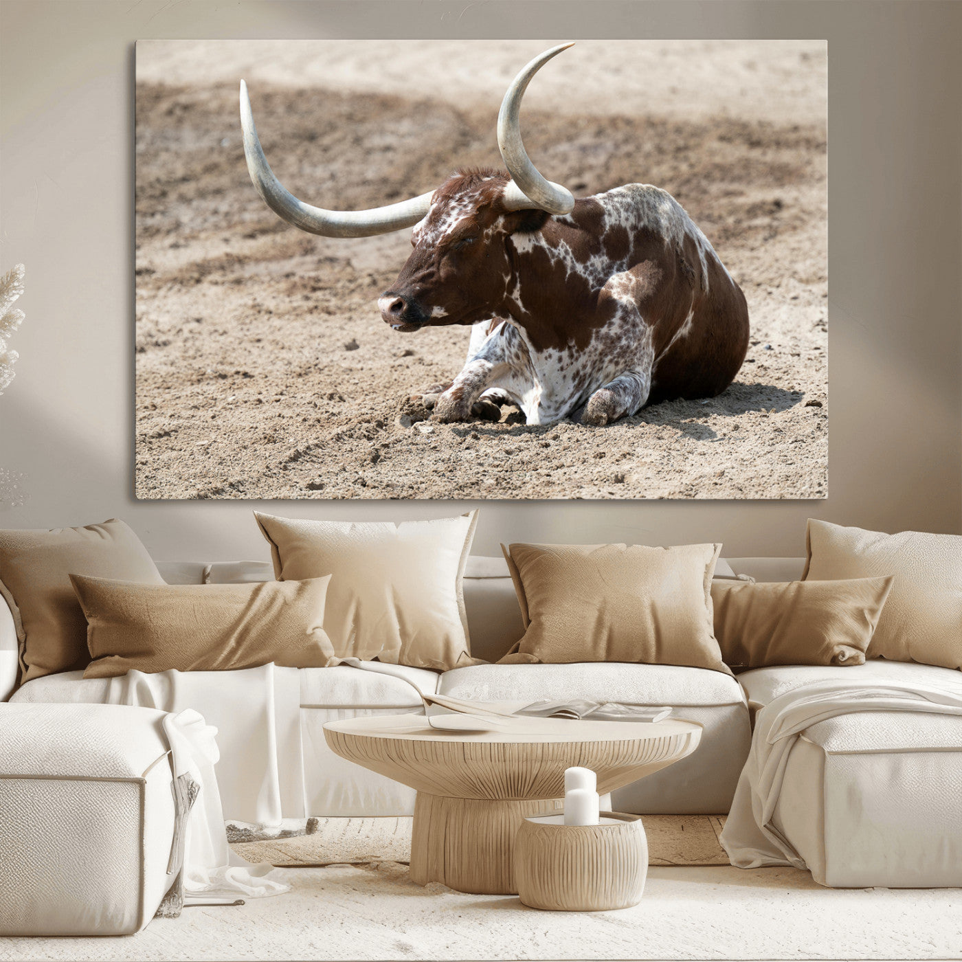 76549210-MGV-CV-36X24-Texas Longhorn Wall Art Canvas Print, Framed Country Living Art Picture Print, Farmhouse Aesthetic Perfect Western Rustic Decor