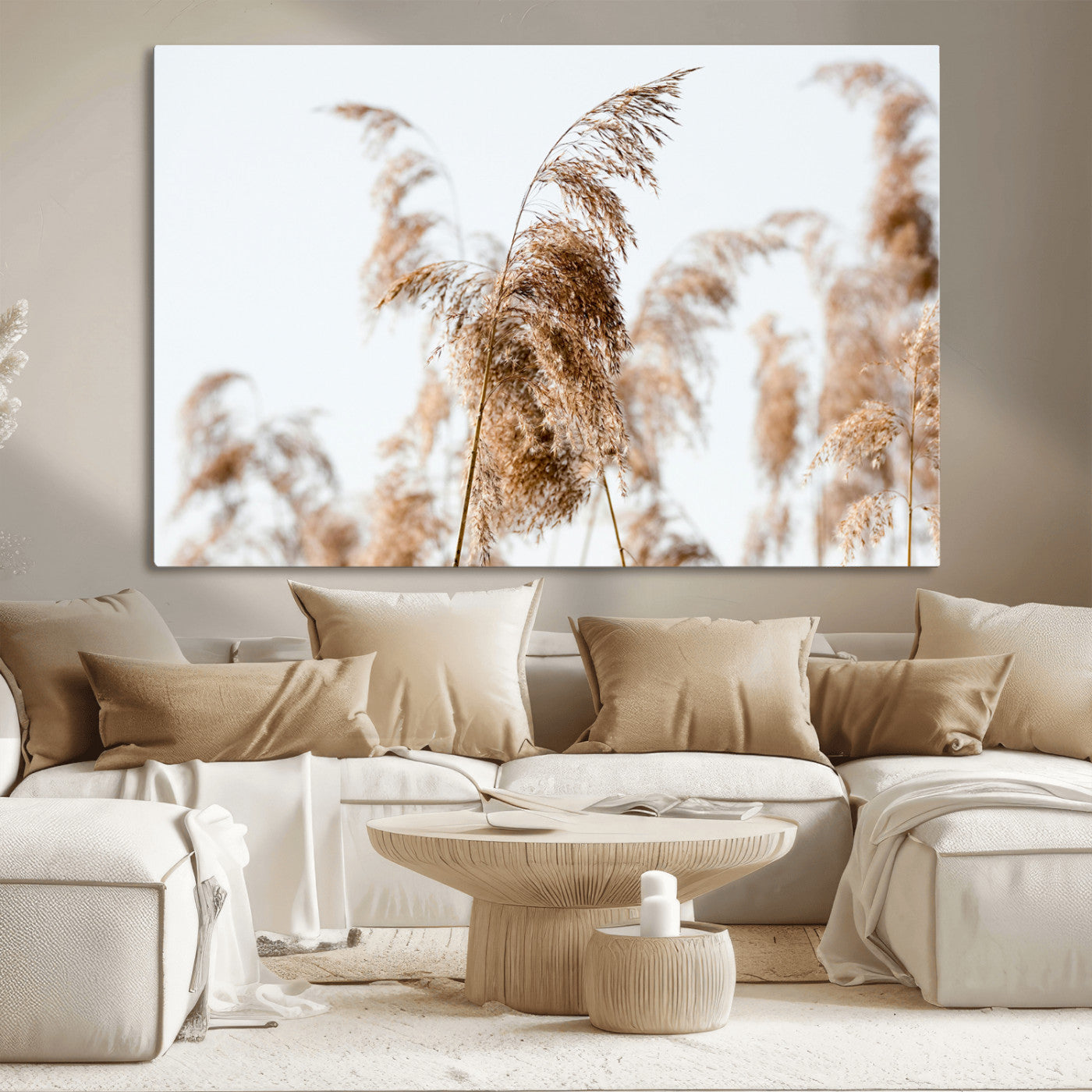 17019393-MGV-CV-36X24-Pampas Grass Wall Art Canvas Print, Framed Neutral Tones Art Picture Print, Minimalist Nature Perfect Boho Minimalist Decor