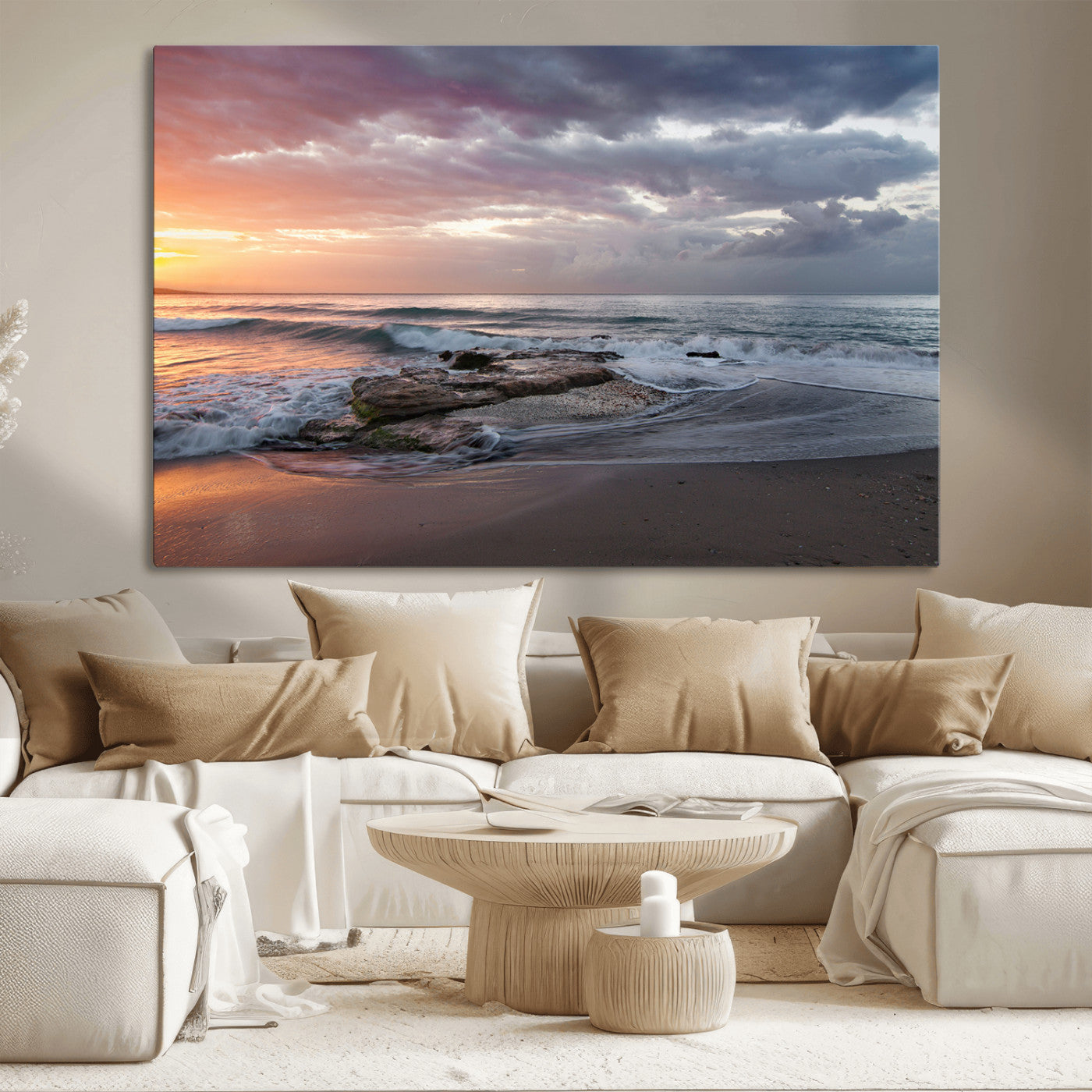 94208089-MGV-CV-36X24-Golden Hour Wall Art Canvas Print, Framed Tranquil Waves Art Picture Print, Beach Horizon Perfect Coastal Serenity Decor Artwork