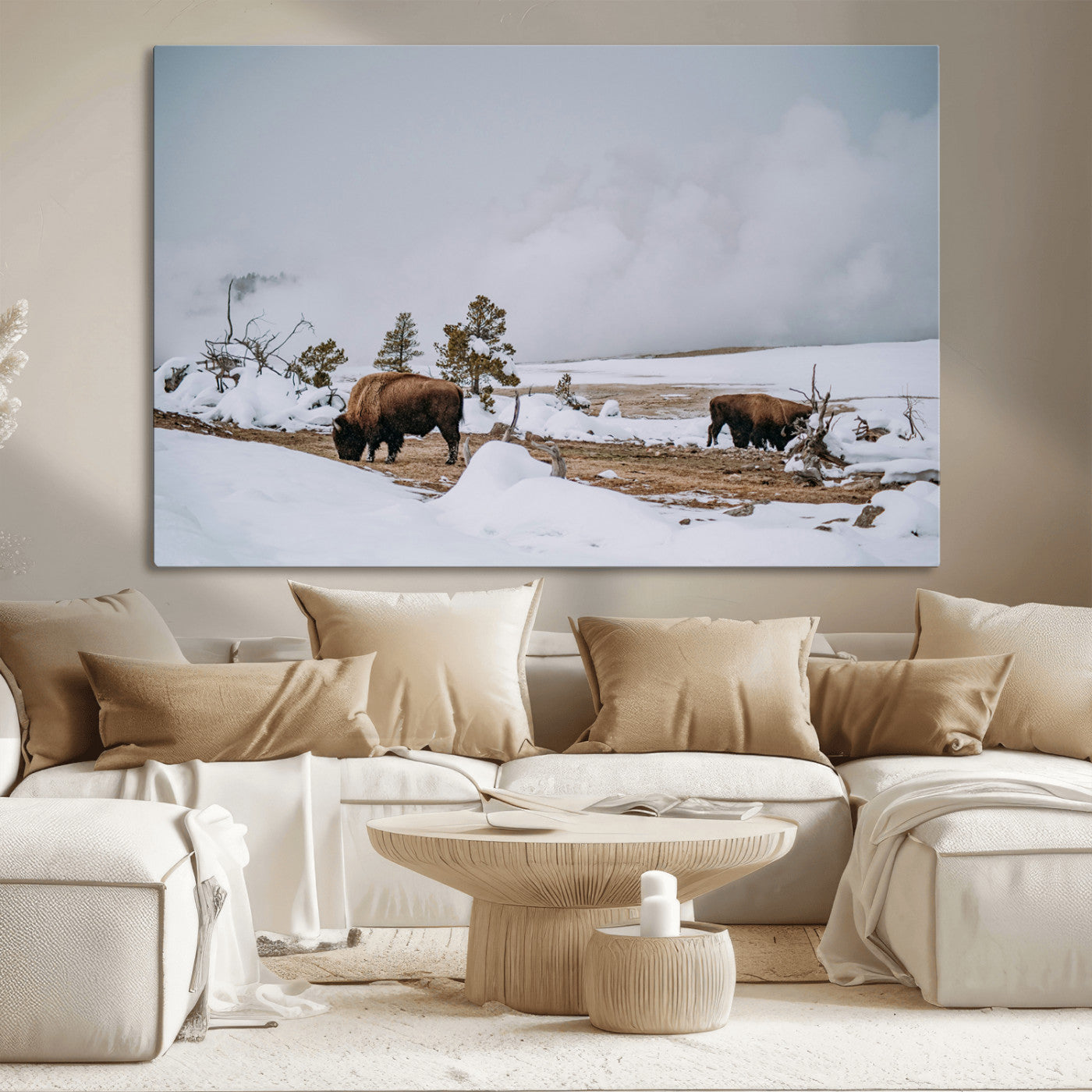 60308289-MGV-CV-36X24-Bison Wildlife Wall Art Canvas Print, Framed Snowy Prairie Art Picture Print, Western Landscape Perfect Rustic Winter Decor