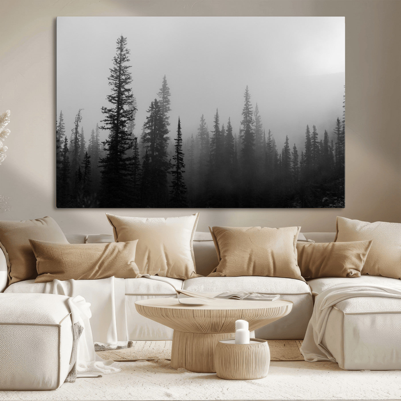 73138900-MGV-CV-36X24-Misty Pines Wall Art Canvas Print, Framed Woodland Photography Art Picture Print, Minimalist Decor Perfect Modern Rustic Decor