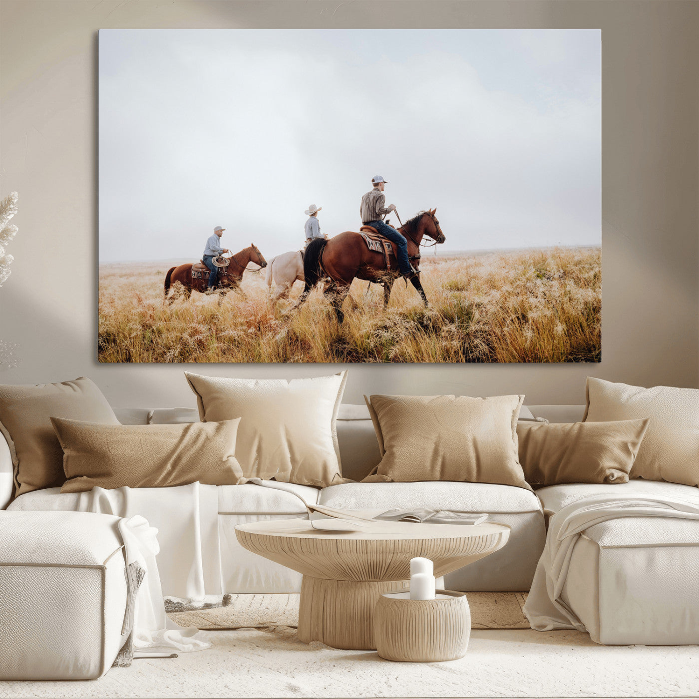 94723307-MGV-CV-36X24-Western Cowboys Wall Art Canvas Print, Framed Rustic Prairie Art Picture Print, Horseback Riding Perfect Rustic Western Decor