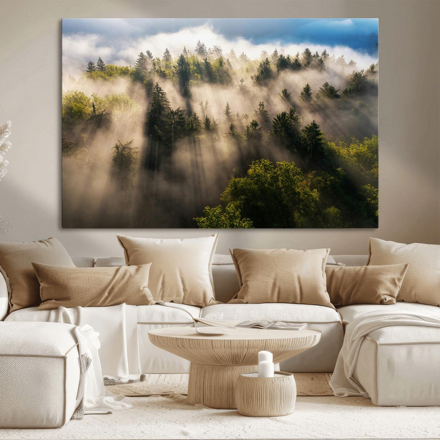 14785710-MGV-CV-36X24-Tranquil Forest Scene Wall Art Canvas Print, Framed Sunbeam Through Trees Art Picture Print, Moody Green Wall Art Perfect