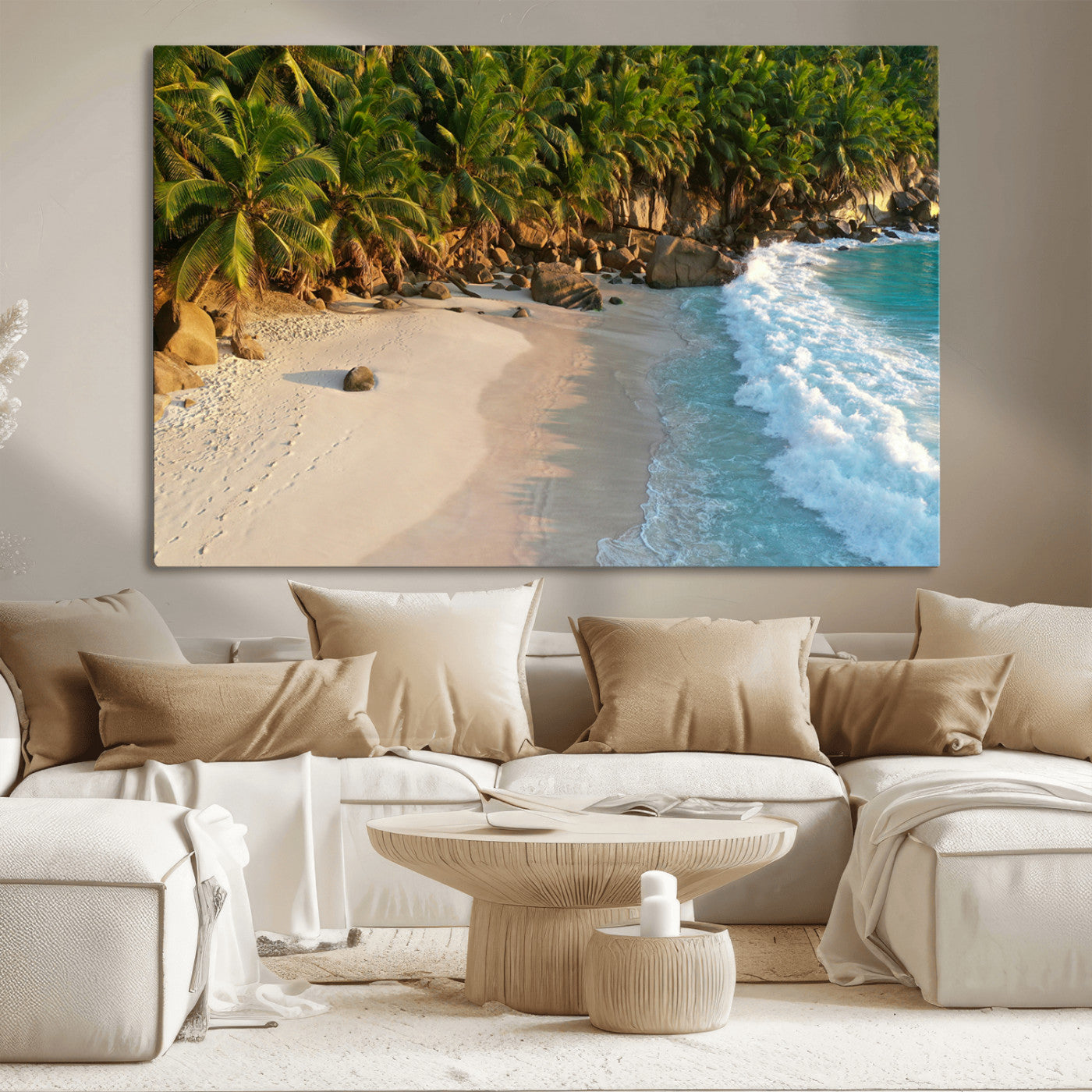 82312665-MGV-CV-36X24-Tropical Beach Wall Art Canvas Print, Framed Ocean Waves Art Picture Print, Palm Trees Perfect Coastal Minimalist Decor Artwork