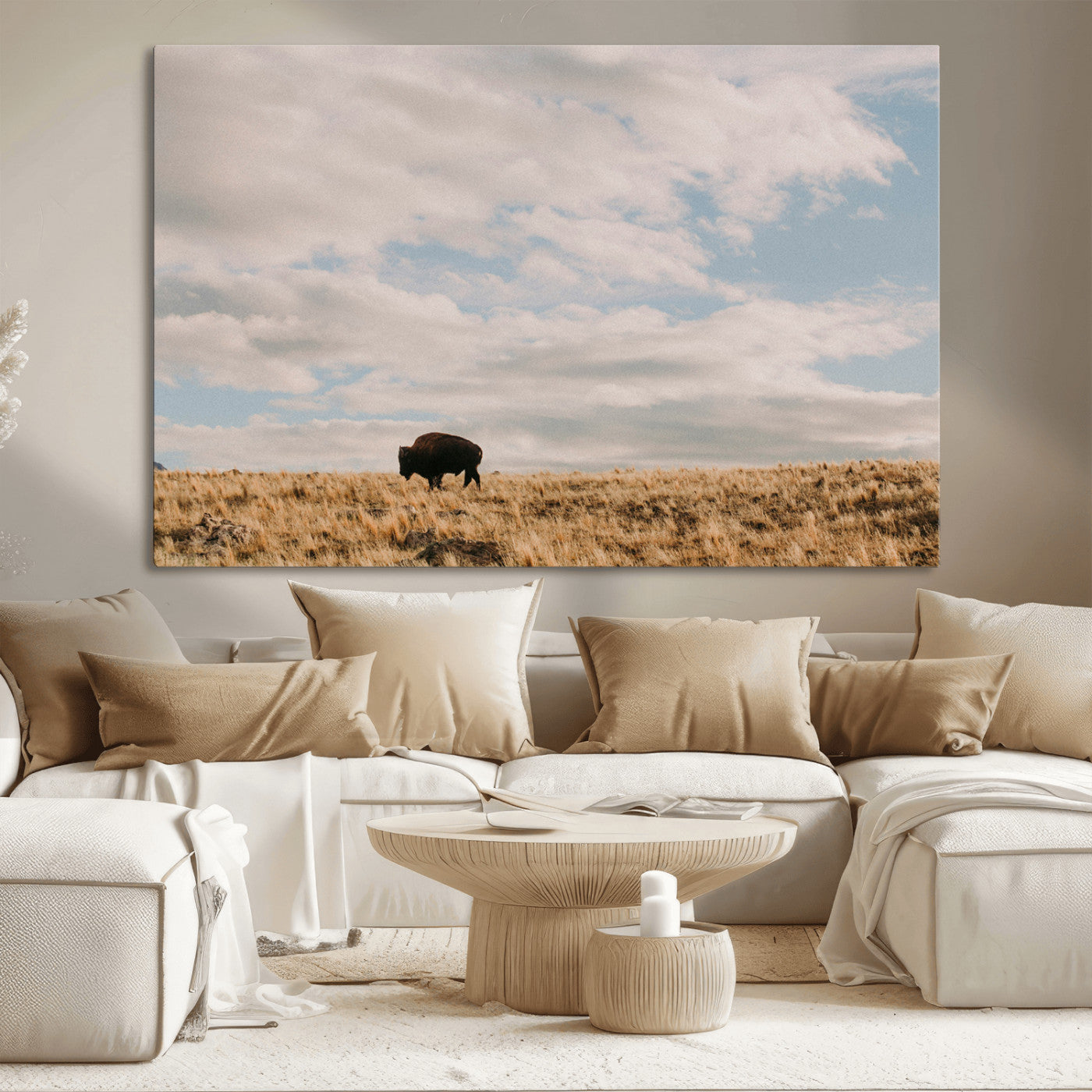 22754563-MGV-CV-36X24-Earthy Tones Wall Art Canvas Print, Framed Rustic Nature Art Picture Print, Solitary Buffalo Perfect Western Minimalist Decor