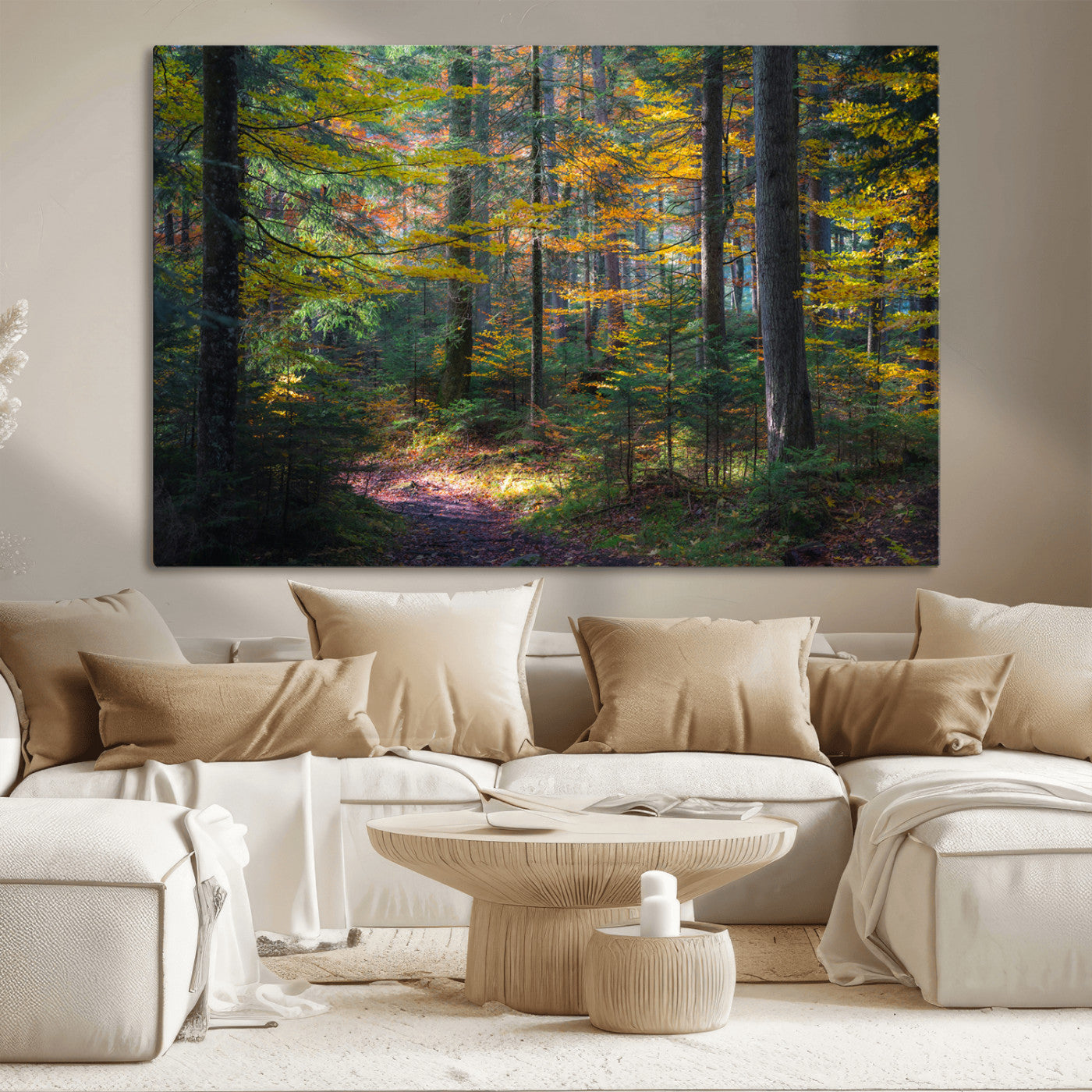 65810864-MGV-CV-36X24-Autumn Forest Wall Art Canvas Print, Framed Fall Woodland Art Picture Print, Golden Leaves Perfect Rustic Farmhouse Decor Artwork