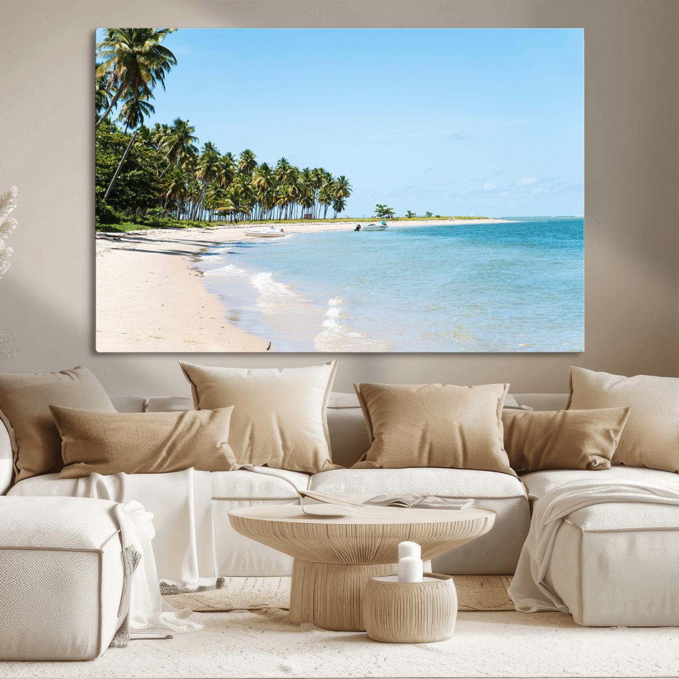 37858872-MGV-CV-36X24-Palm Tree Coast Wall Art Canvas Print, Framed Island Getaway Art Picture Print, Crystal Blue Water Perfect Tropical Coastal Decor