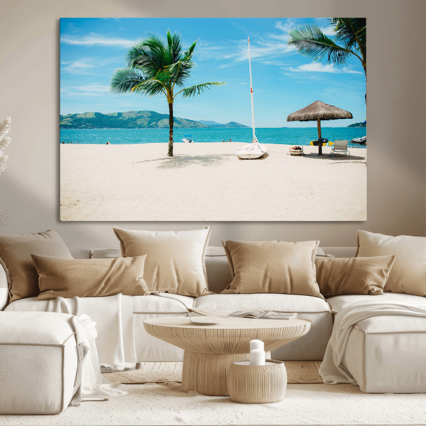 42623350-MGV-CV-36X24-Tropical Beach Wall Art Canvas Print, Framed Palm Tree Art Picture Print, Ocean View Perfect Tropical Coastal Decor Artwork