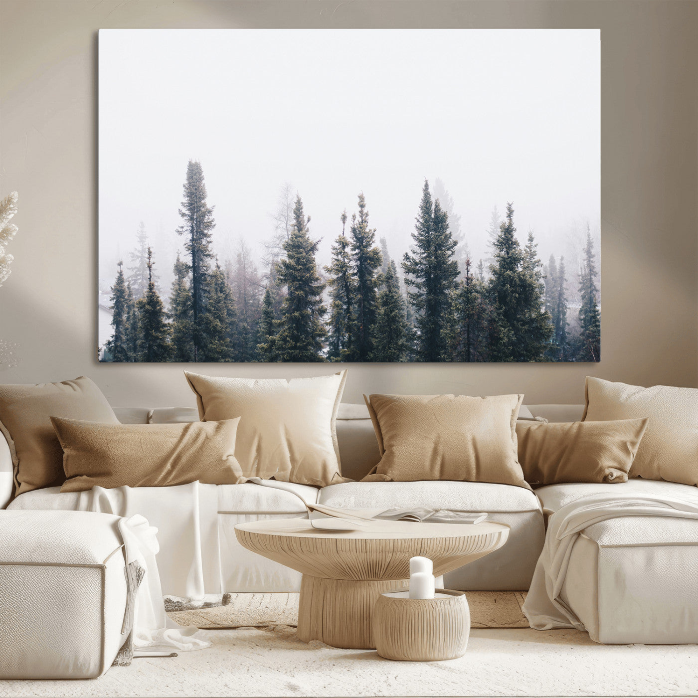 42364796-MGV-CV-36X24-Foggy Forest Wall Art Canvas Print, Framed Misty Pines Art Picture Print, Moody Woodland Perfect Scandinavian Minimalist Decor