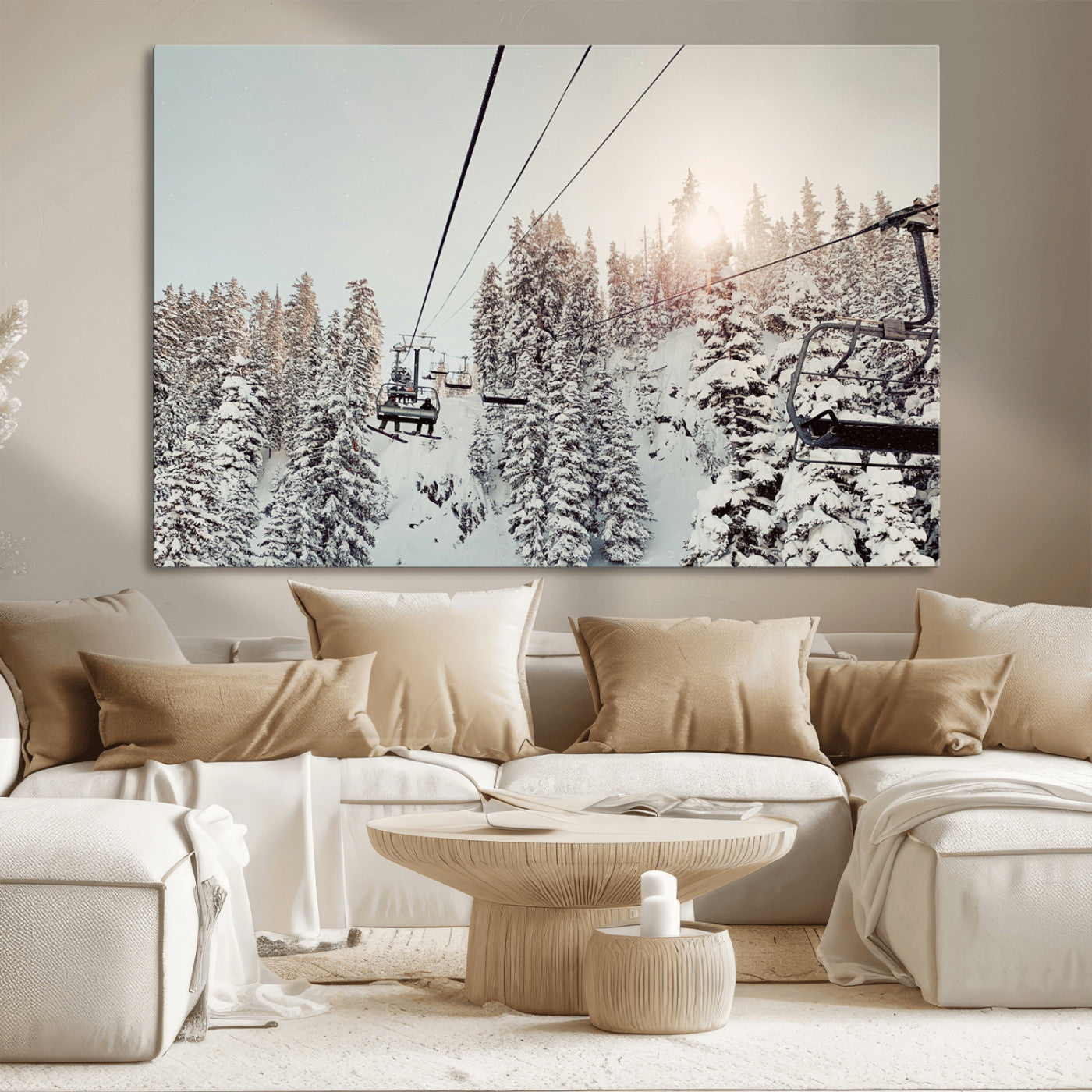 91534512-MGV-CV-36X24-Frosty Pines Wall Art Canvas Print, Framed Cozy Cabin View Art Picture Print, Ski Lift Ride Perfect Rustic Lodge Decor Artwork