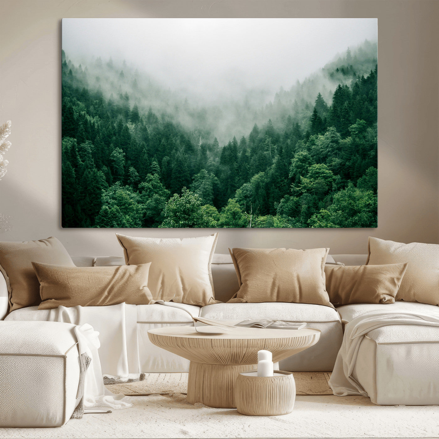 45265379-MGV-CV-36X24-Misty Forest Wall Art – Green Mountain Pine Tree Landscape Canvas Print, Nature Photography Artwork Home Decor for Bedroom, Living