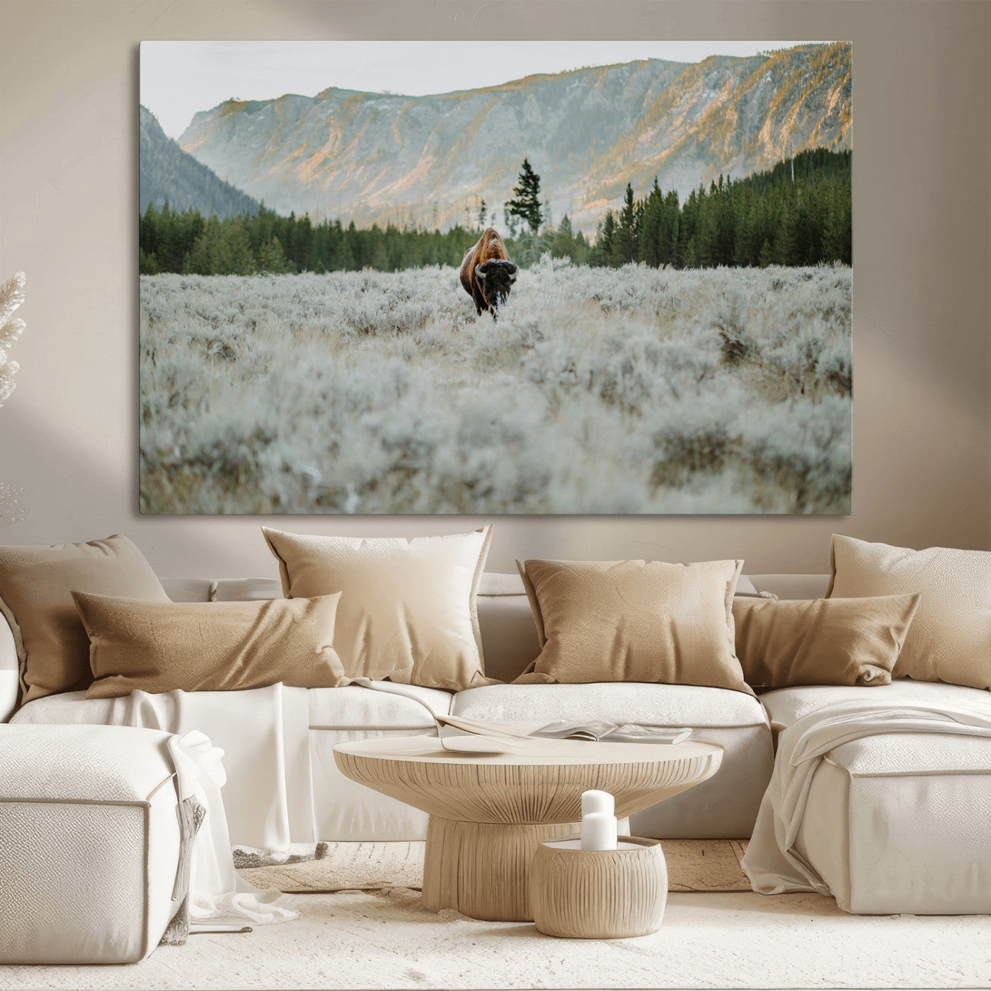 41674074-MGV-CV-36X24-Bison Wall Art – American Buffalo Wildlife Photography Canvas Print, Western Mountain Landscape Artwork Rustic Nature Decor for