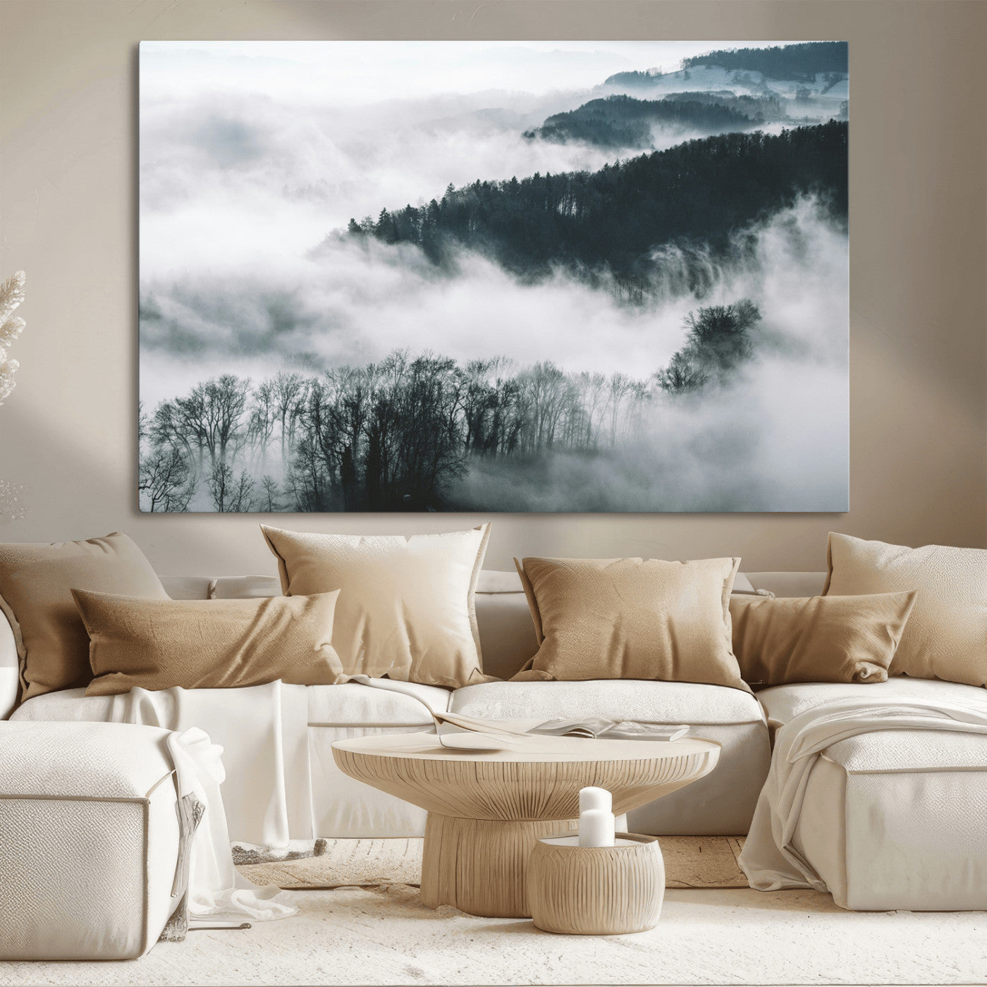 67569654-MGV-CV-36X24-Foggy Forest Wall Art – Mist Covered Hills and Trees Landscape Canvas Print, Moody Nature Photography Decor for Living Room,
