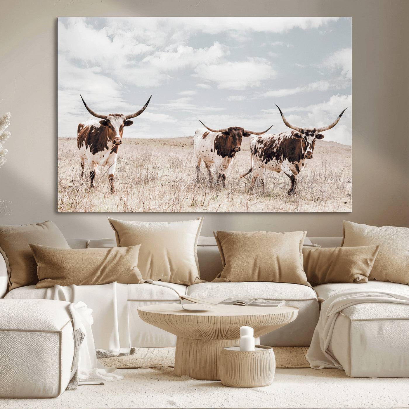 65621083-MGV-CV-36X24-Texas Longhorn Wall Art – Rustic Western Cattle Canvas Print, Southwestern Ranch Photography Decor for Living Room, Office,