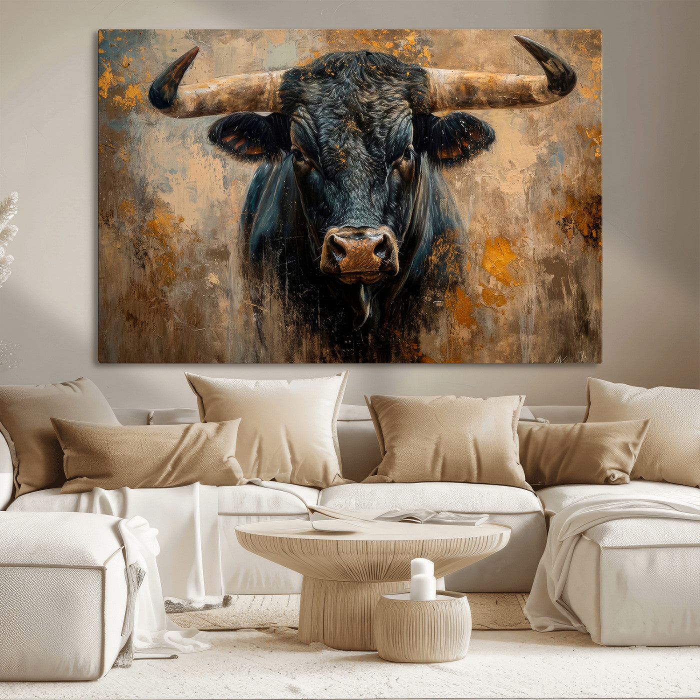 91615410-MGV-CV-36X24-Bull Wall Art – Rustic Western Longhorn Canvas Print, Powerful Abstract Animal Painting, Farmhouse Ranch Decor for Living Room,