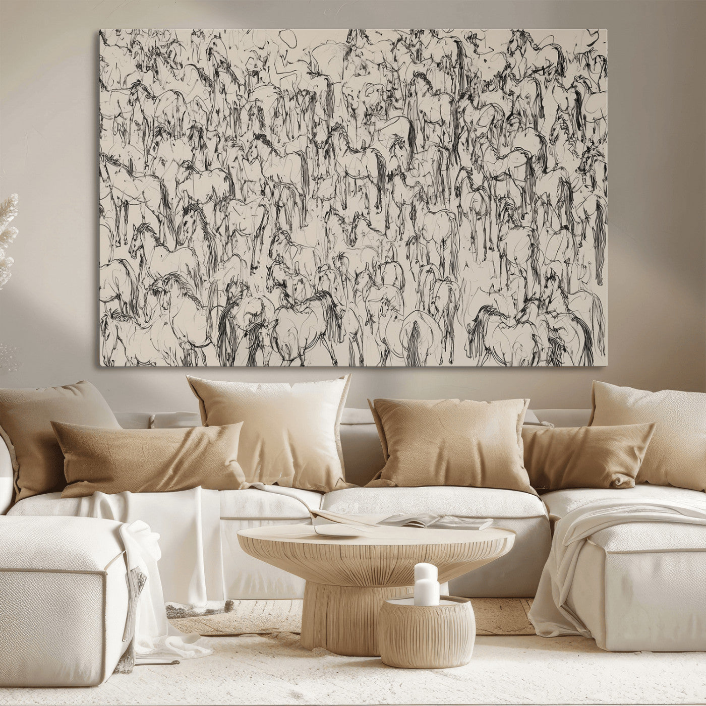 12358908-MGV-CV-36X24-Horse Herd Sketch Wall Art – Abstract Wild Horses Line Drawing Canvas Print, Rustic Western Style Equestrian Decor for Living