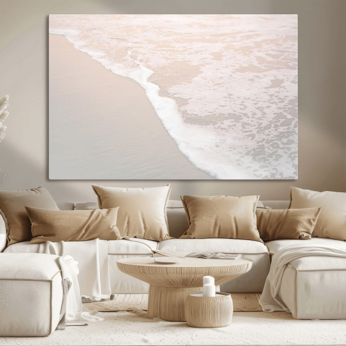 28414510-MGV-CV-36X24-Ocean Shoreline Wall Art – Minimal Coastal Beach Canvas Print, Soft Sea Foam and Sand Photography Artwork, Relaxing Nautical Decor