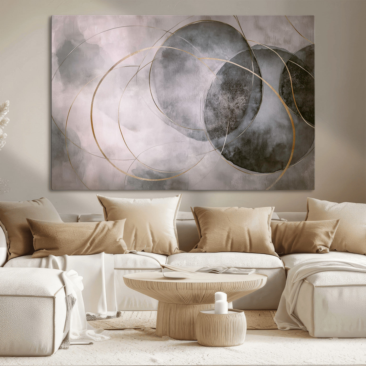 20066876-MGV-CV-36X24-Neutral Abstract Circle Wall Art – Modern Gray Beige Gold Canvas Print, Minimalist Geometric Painting for Bedroom, Living Room,