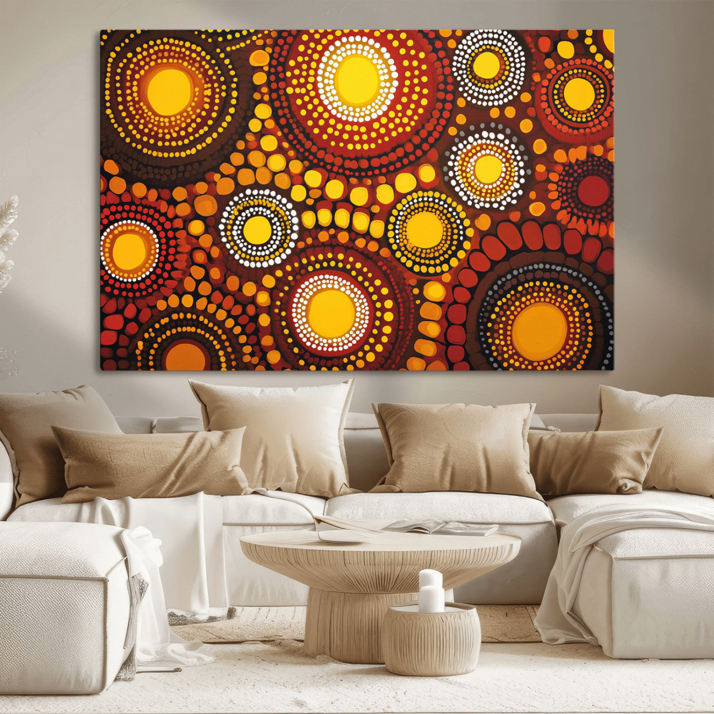 81120549-MGV-CV-36X24-Abstract Dot Painting Wall Art – Vibrant Tribal Boho Style Canvas Print with Sunburst Mandala Circles in Warm Red, Yellow, Orange