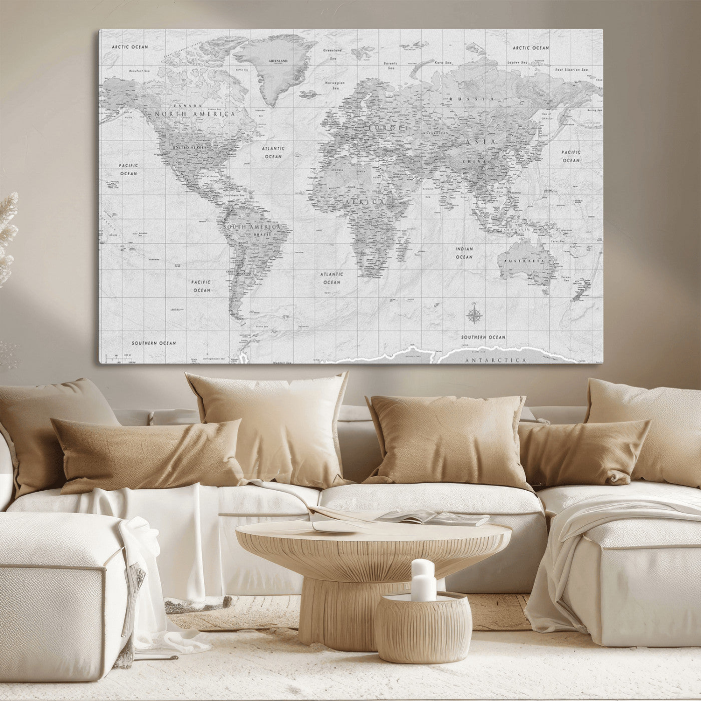 10516725-MGV-CV-36X24-Black and White World Map Wall Art – Minimalist Grayscale Canvas Print – Modern Detailed Travel Map Poster for Home, Office, or