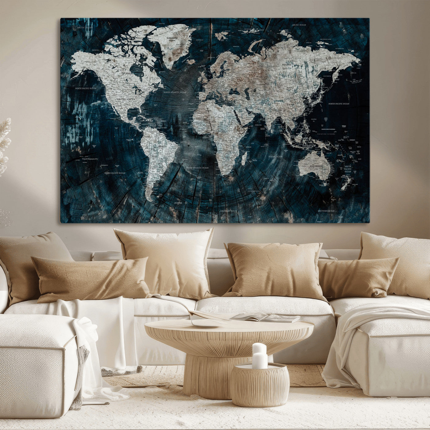 34425609-MGV-CV-36X24-World Map Wall Art – Rustic Navy and Grey Atlas Canvas Print, Distressed Explorer Map Artwork, Industrial Style Decor for Office,