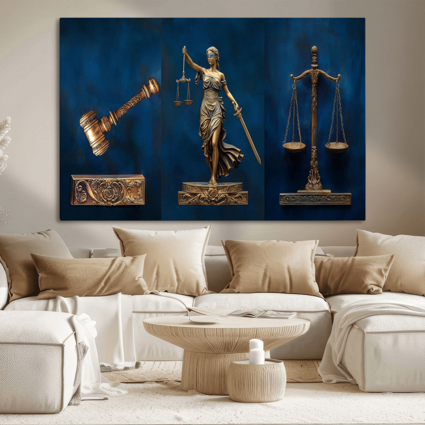 91629053-MGV-CV-36X24-Lady Justice Wall Art – Golden Gavel and Scales Canvas Print, Elegant Legal Office Decor for Lawyers, Judges, Courtroom or Study