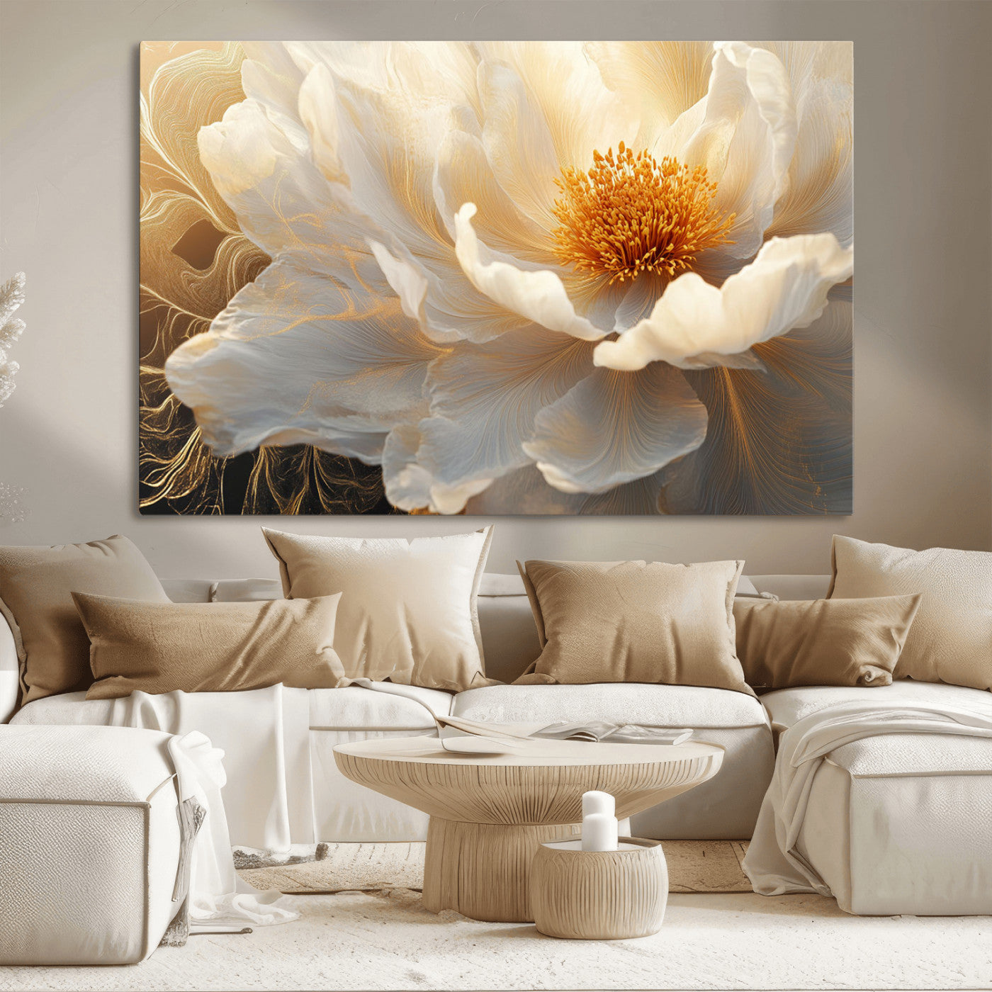 29539087-MGV-CV-36X24-Floral Wall Art – Elegant White and Gold Bloom Canvas Print, Romantic Modern Flower Artwork for Bedroom, Living Room, or Office