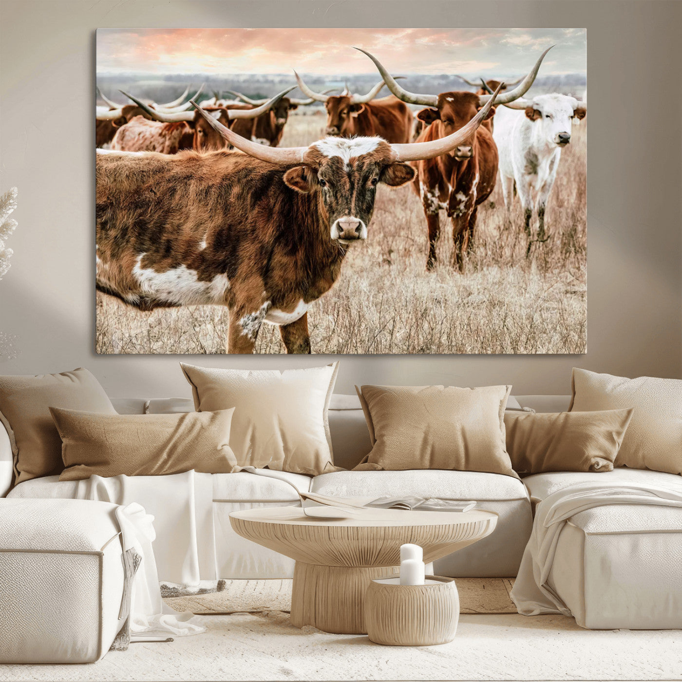 47758300-MGV-CV-36X24-Texas Longhorn Cattle Wall Art – Rustic Western Herd Canvas Print, Cowboy Ranch Farmhouse Decor for Living Room, Office, or