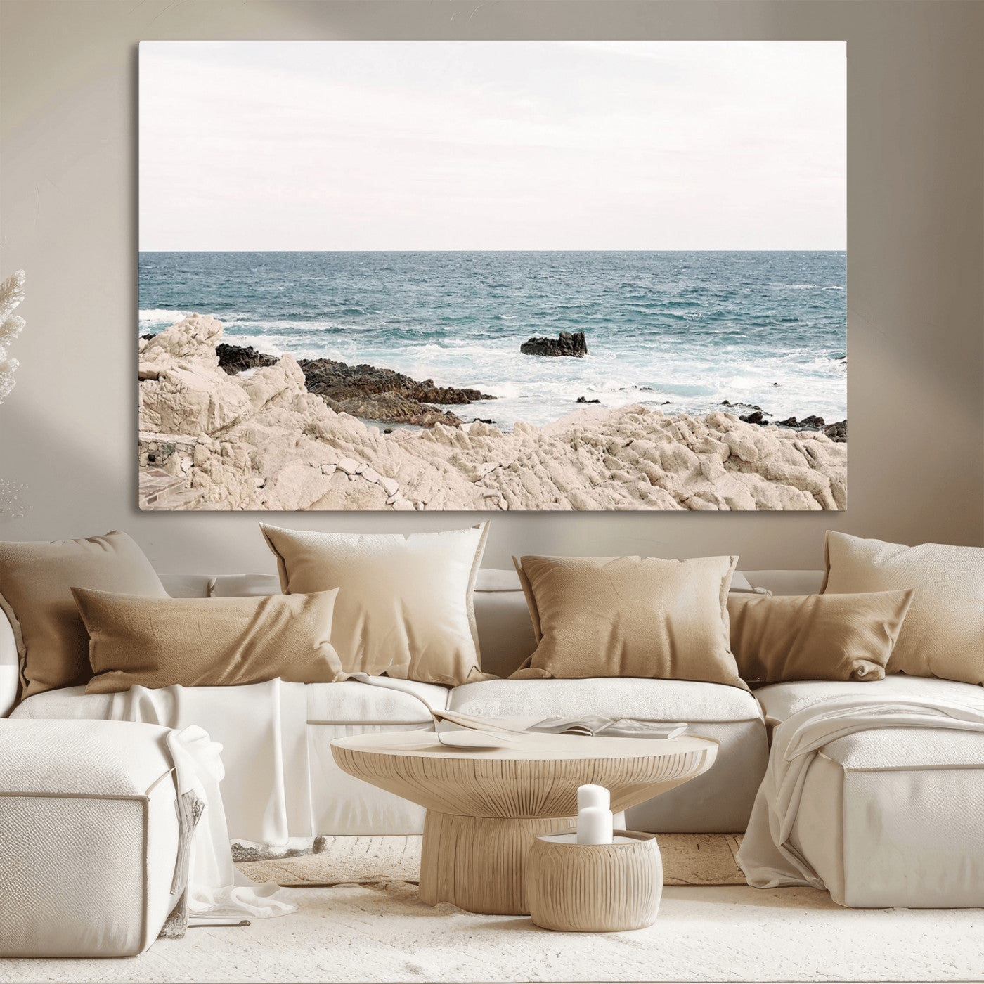 25481980-MGV-CV-36X24-Ocean Coastal Wall Art – Rocky Shoreline and Waves Canvas Print, Serene Beach Landscape Decor for Living Room, Bedroom, or Office