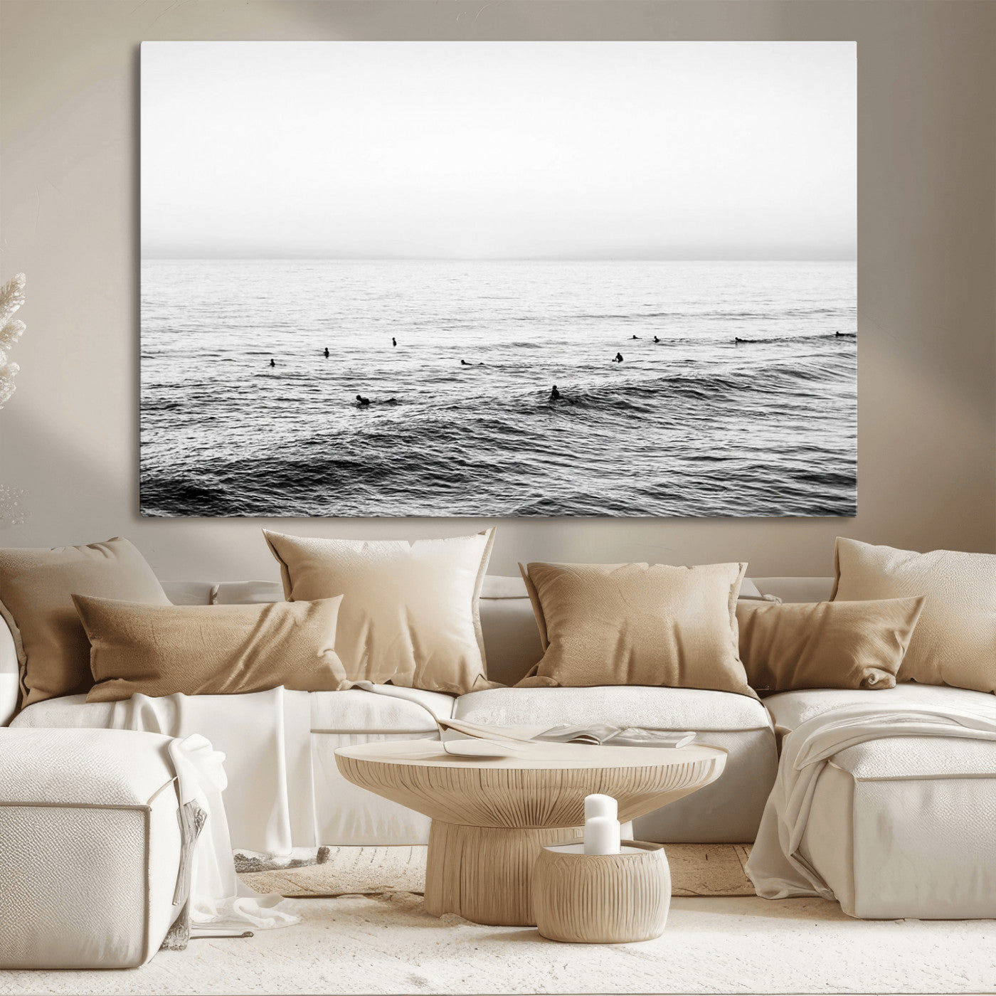 47208268-MGV-CV-36X24-Surfer Ocean Wall Art – Black and White Coastal Canvas Print, Minimalist Surfing Seascape Decor for Living Room, Bedroom, or Beach