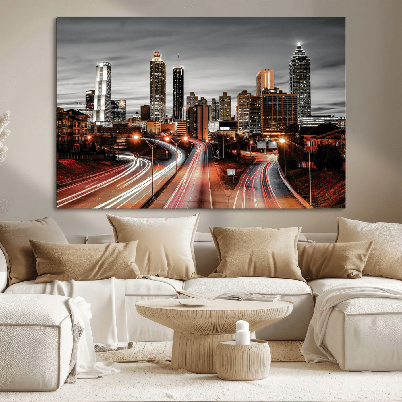 59097239-MGV-CV-36X24-City Skyline Wall Art – Modern Black and White Night Canvas Print with Red Light Trails, Urban Landscape Decor for Living Room or