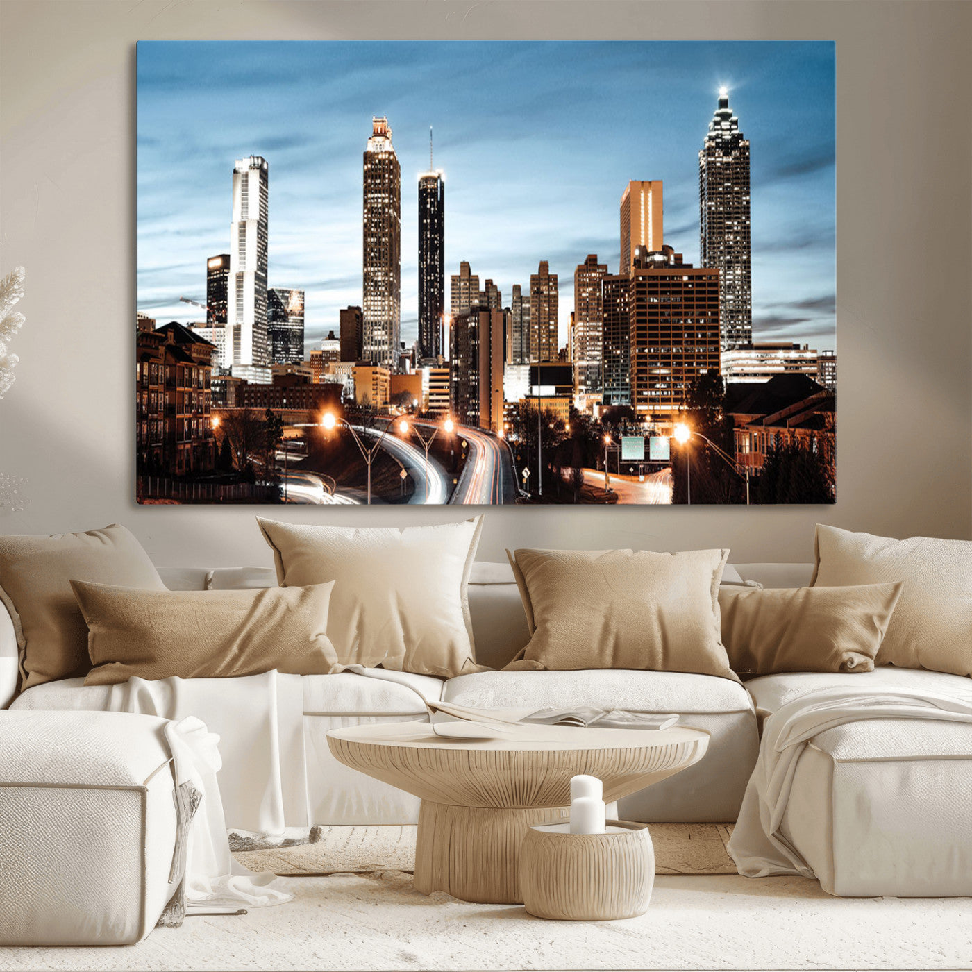 23859158-MGV-CV-36X24-Atlanta Skyline Wall Art – Modern Cityscape Canvas Print with Night Lights and Traffic Trails, Urban Decor for Office, Apartment,