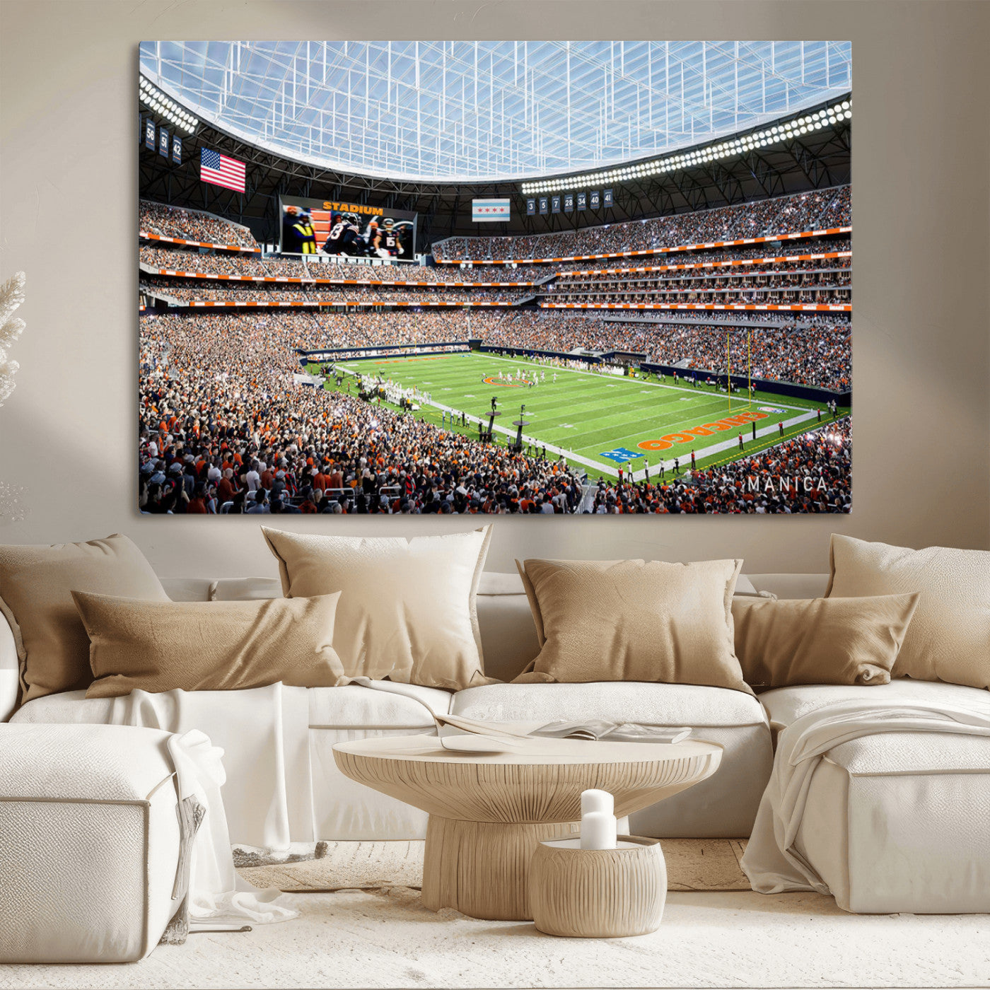 32530647-MGV-CV-36X24-Chicago Bears Stadium Wall Art – Futuristic Dome Arena Canvas Print, Modern Football Concept Design Decor for Man Cave, Bar, or