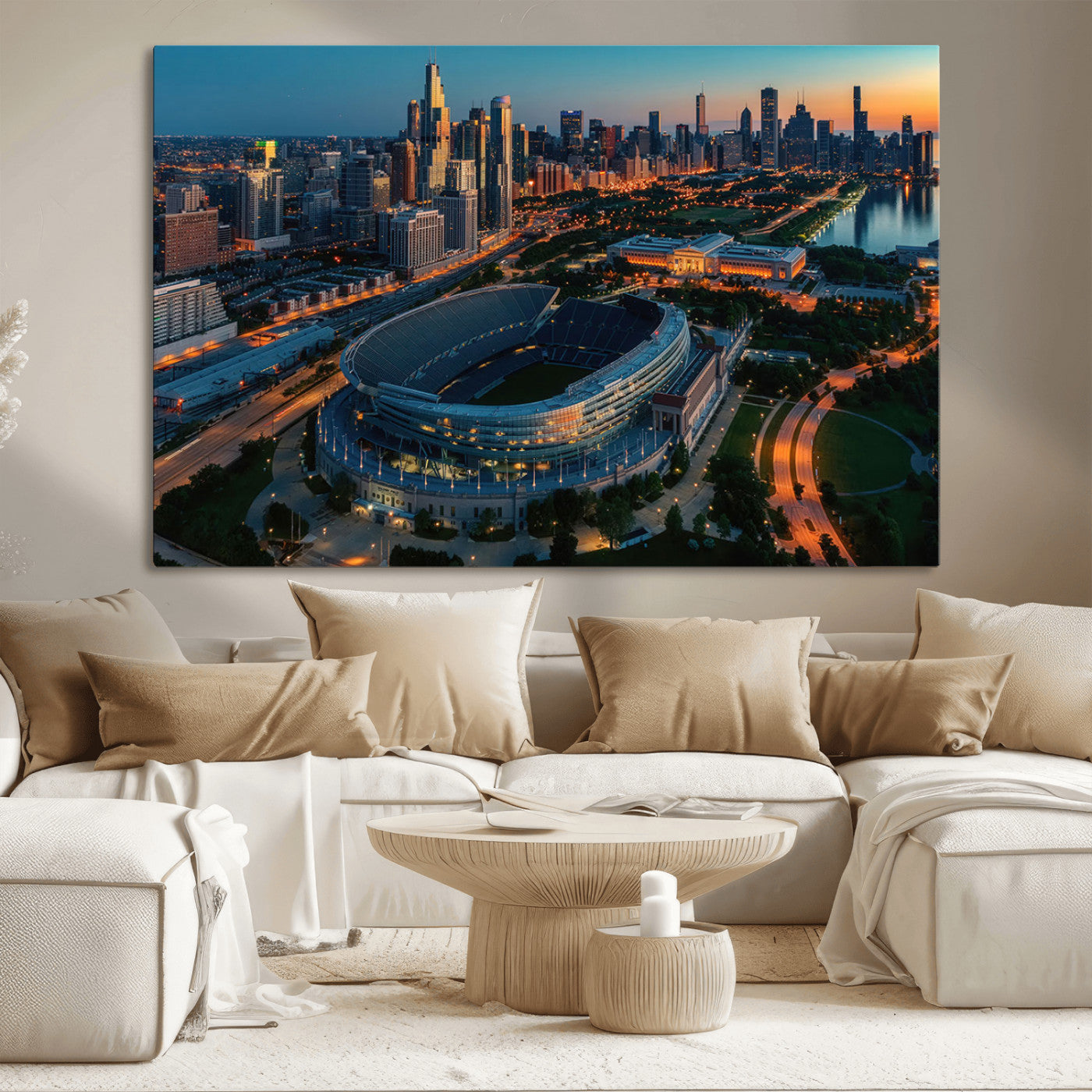 36690345-MGV-CV-36X24-Soldier Field Wall Art – Chicago Bears Stadium Aerial Night Canvas Print, City Skyline Football Decor for Living Room, Office, or