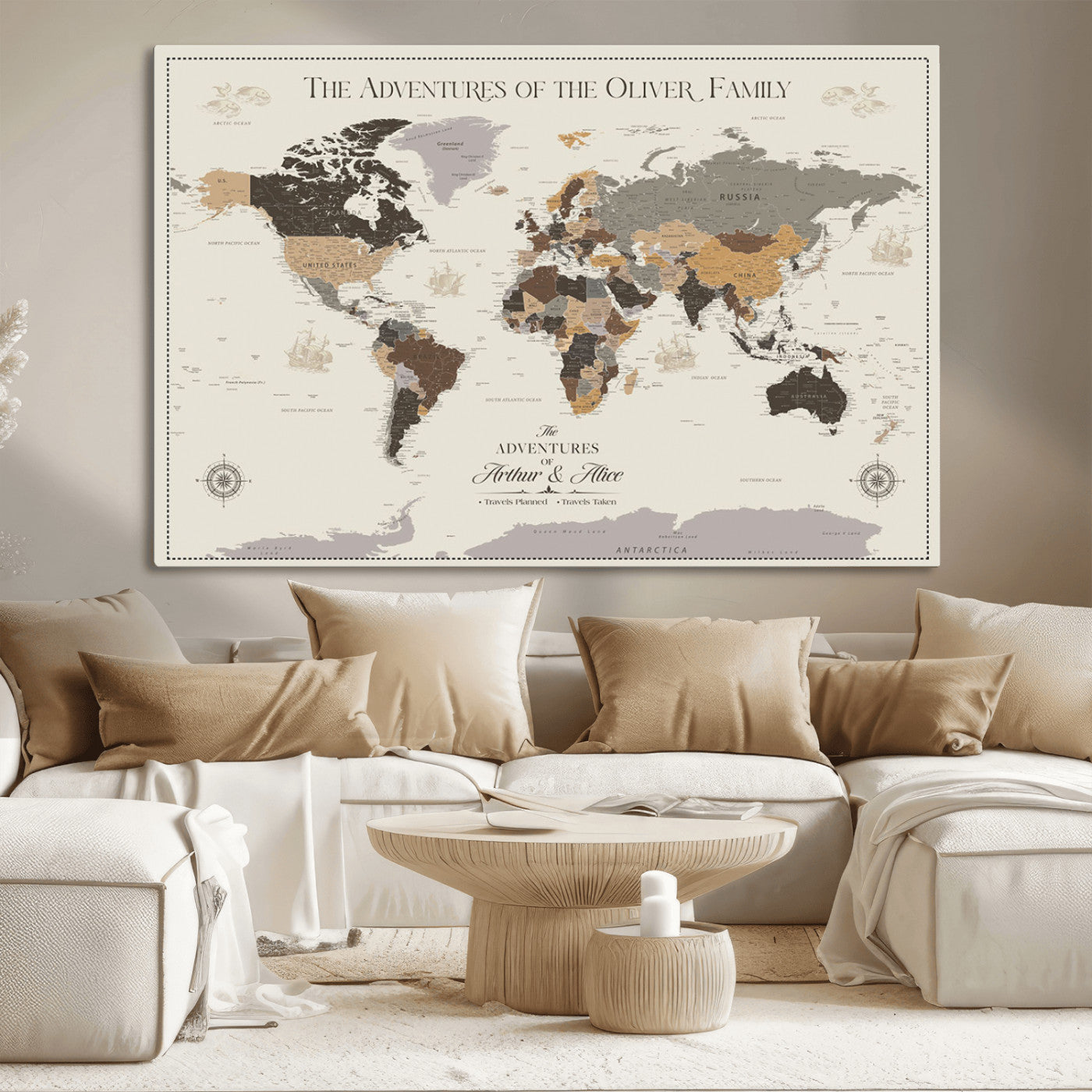 38723540-MGV-CV-36X24-Adventures of the Oliver Family Wall Art – Earth Tone World Map Canvas Print, Minimalist Travel Decor for Living Room, Bedroom or