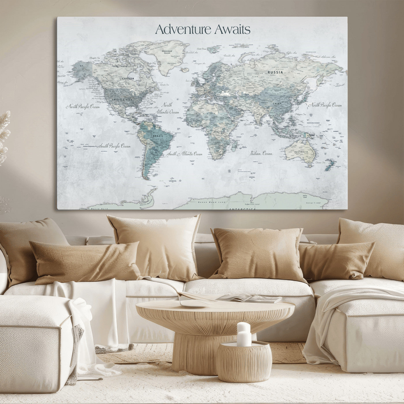 TEST111-MGV-CV-36X24-Personalized Adventure Awaits Push Pin World Map – Custom Framed Travel Tracker Canvas Wall Art for Home, Office
