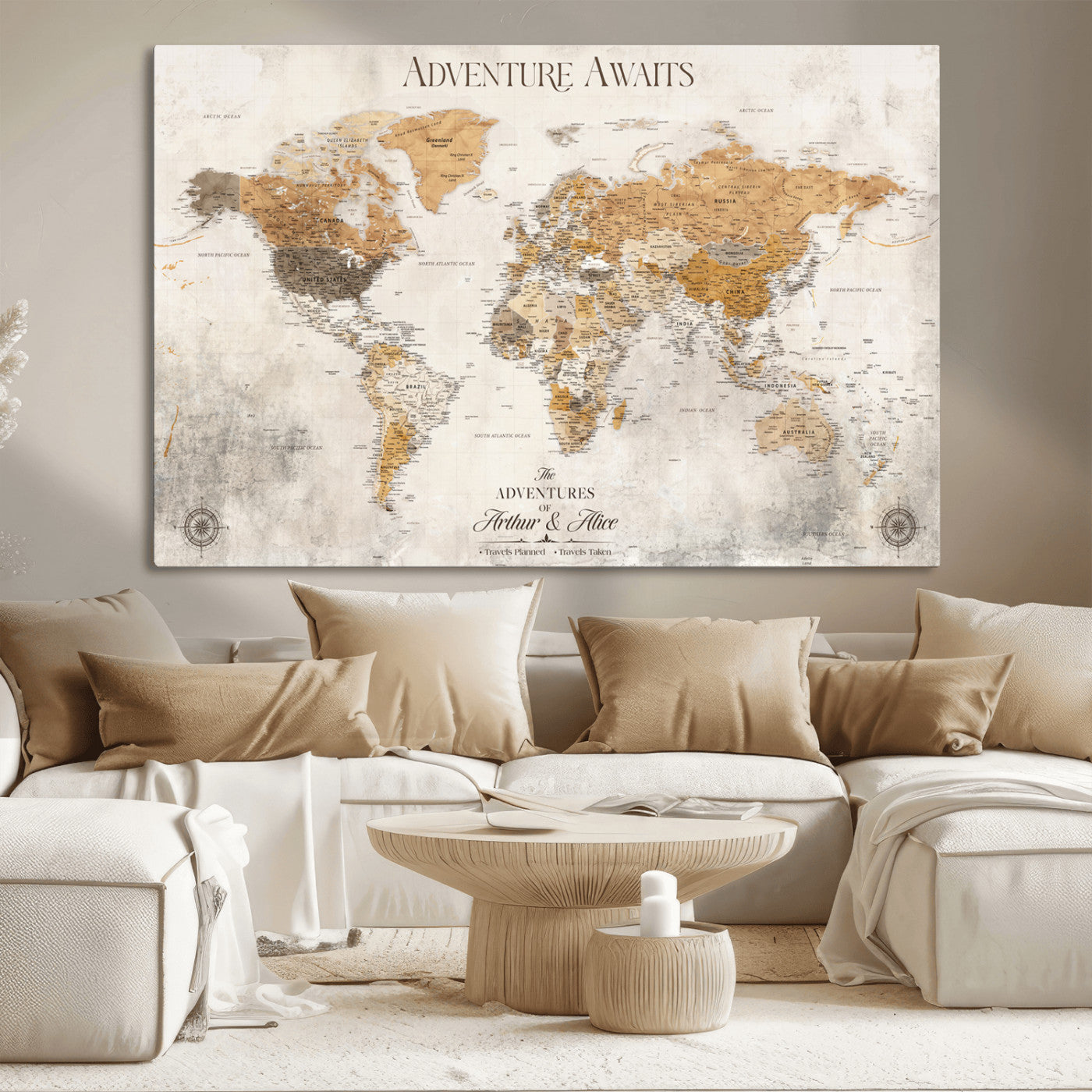99422096-MGV-CV-36X24-Adventure Awaits World Map Wall Art – Neutral Beige Canvas Print, Modern Travel Inspired Wall Decor for Living Room, Bedroom or